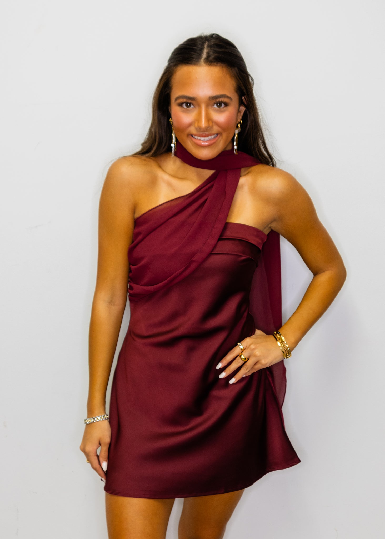 Burgundy Strapless Chiffon Scarf Dress