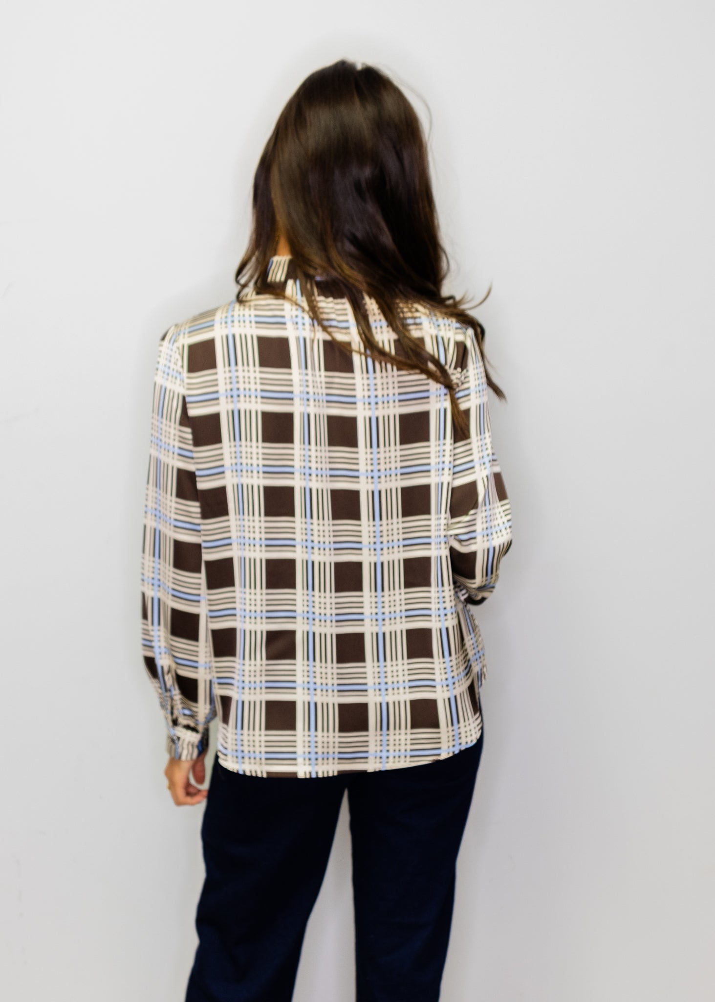 Brown & Blue Plaid Tie Neck Top