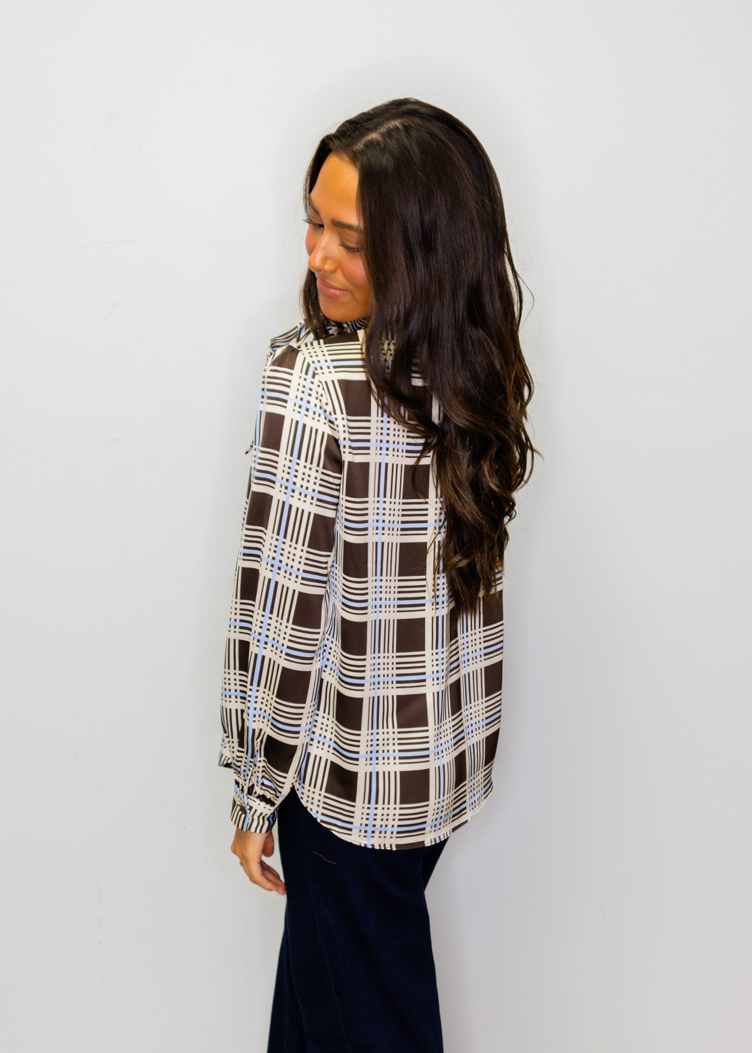 Brown & Blue Plaid Tie Neck Top