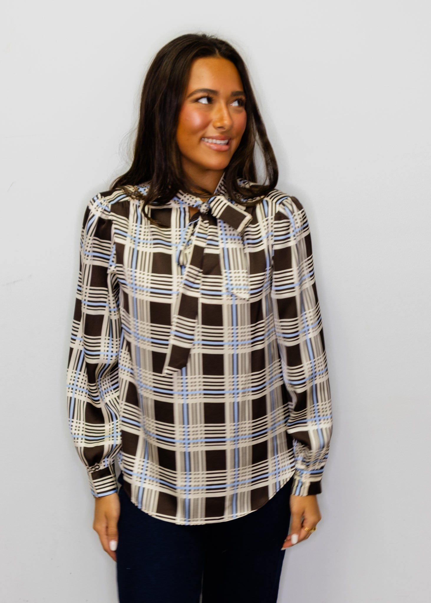 Brown & Blue Plaid Tie Neck Top