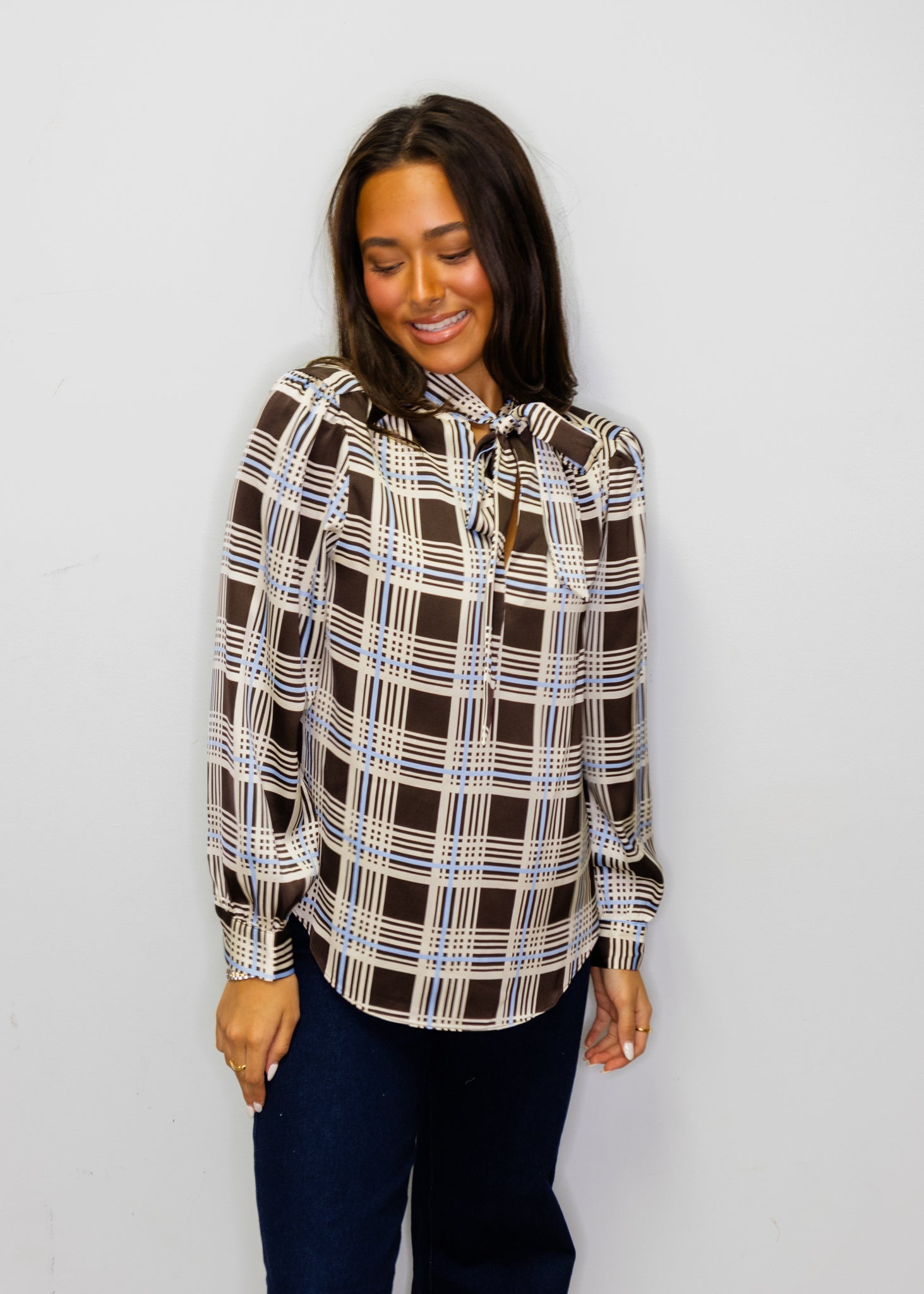 Brown & Blue Plaid Tie Neck Top