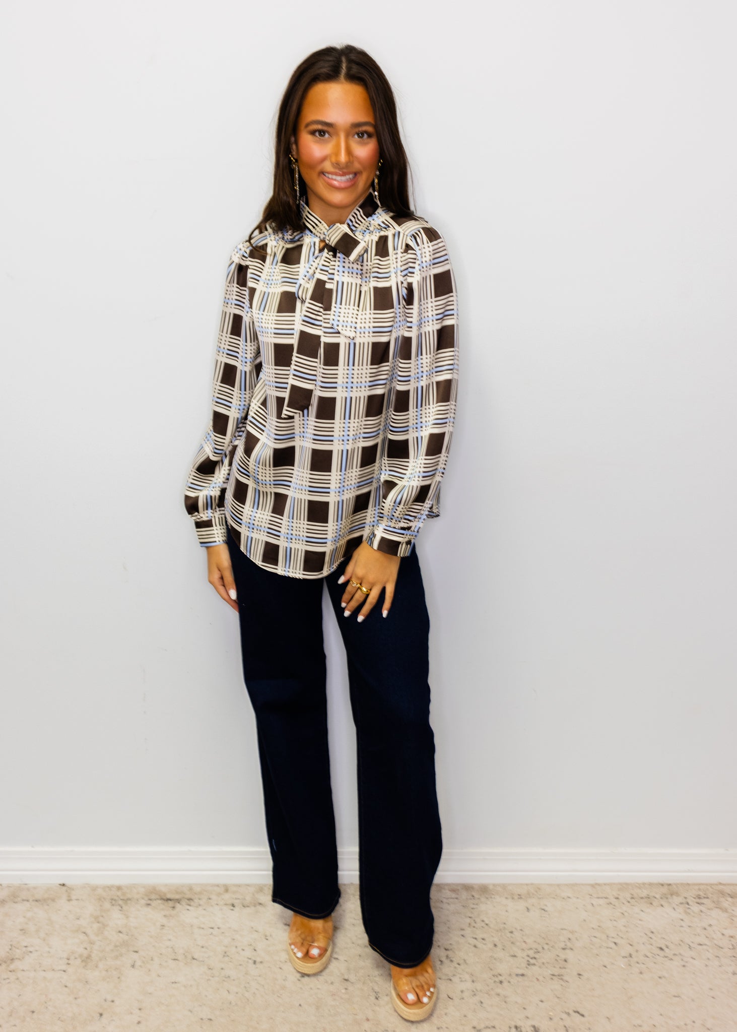 Brown & Blue Plaid Tie Neck Top