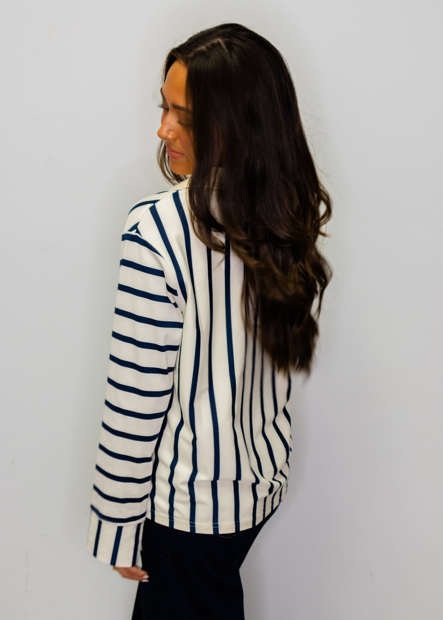 Cream & Navy Stripe Collar Top