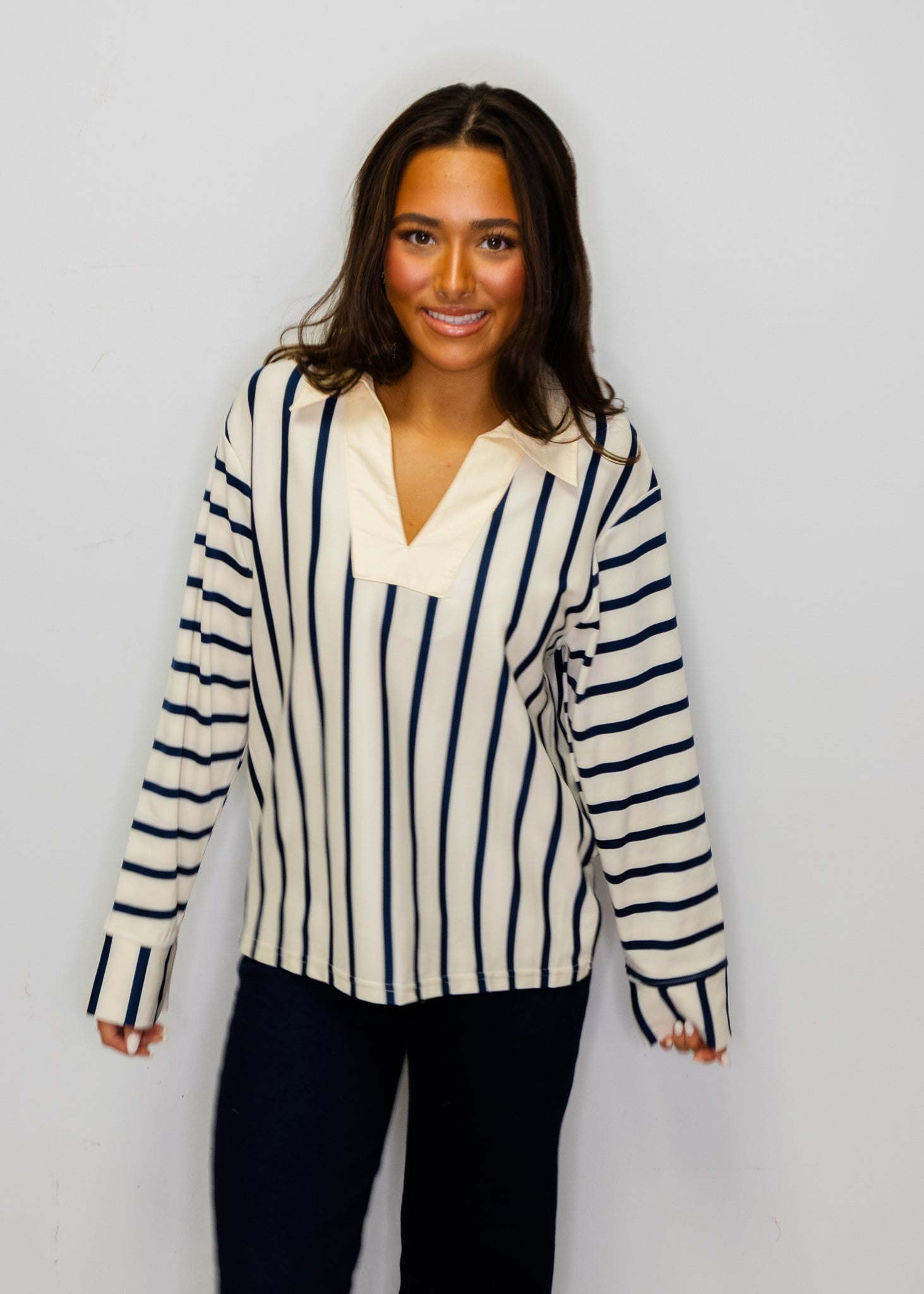 Cream & Navy Stripe Collar Top
