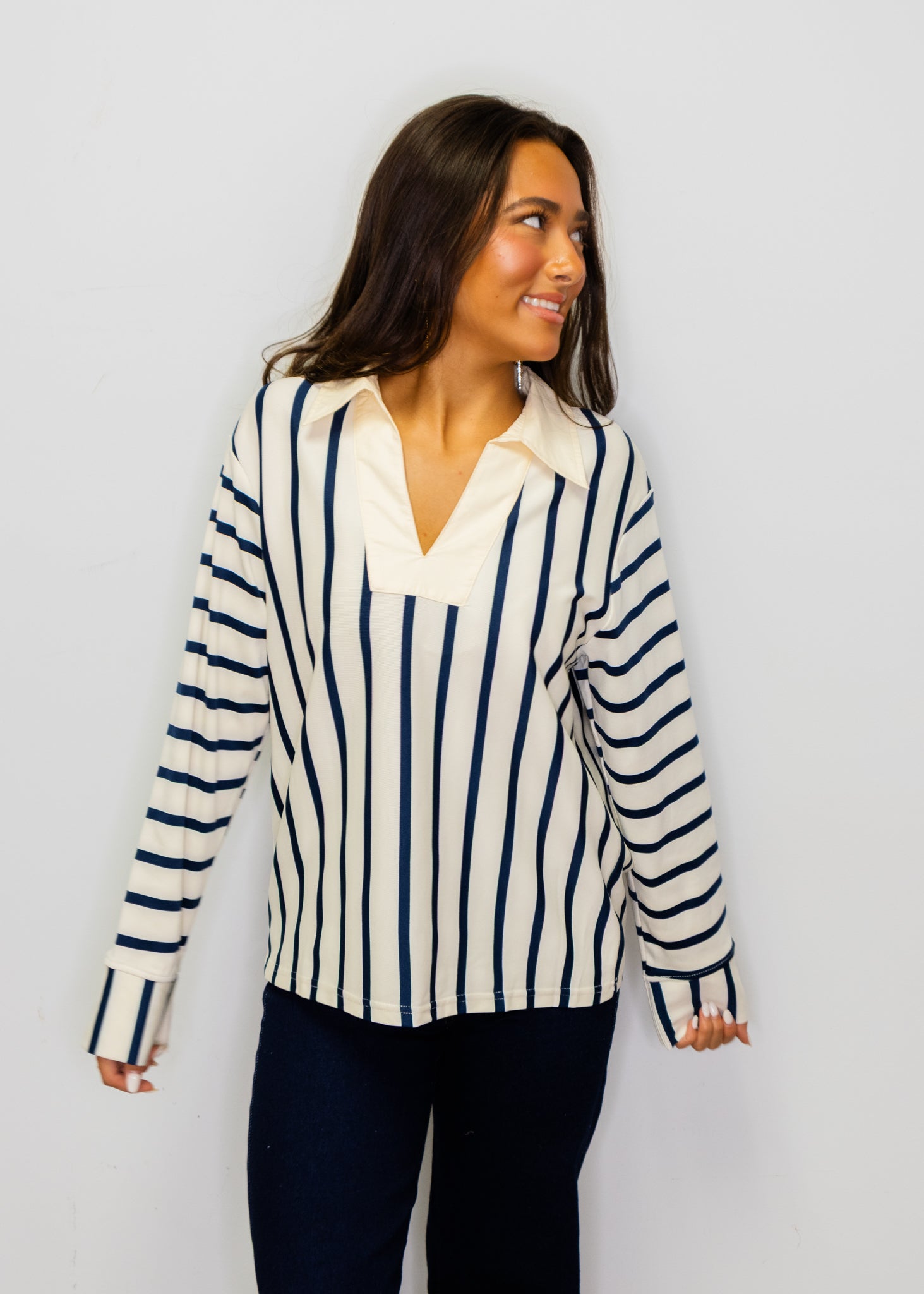 Cream & Navy Stripe Collar Top