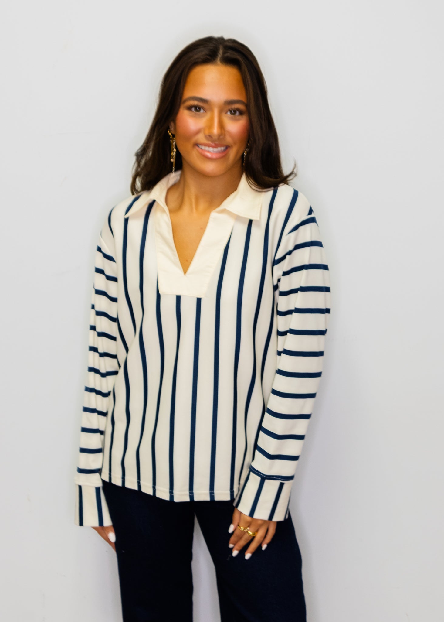 Cream & Navy Stripe Collar Top