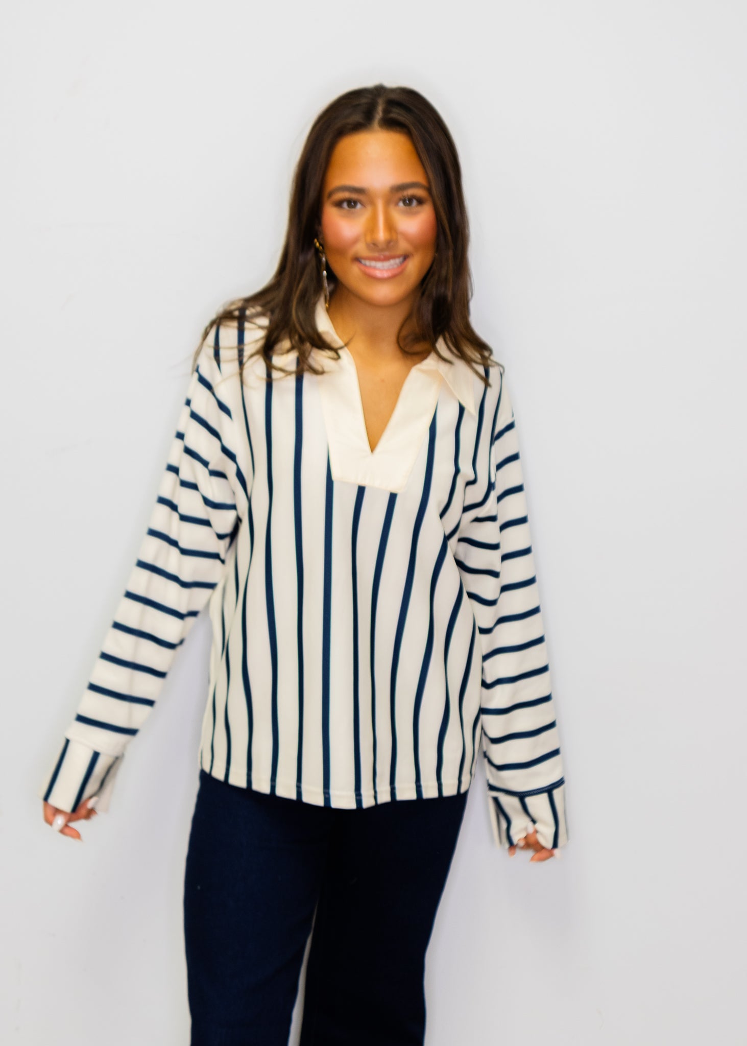 Cream & Navy Stripe Collar Top