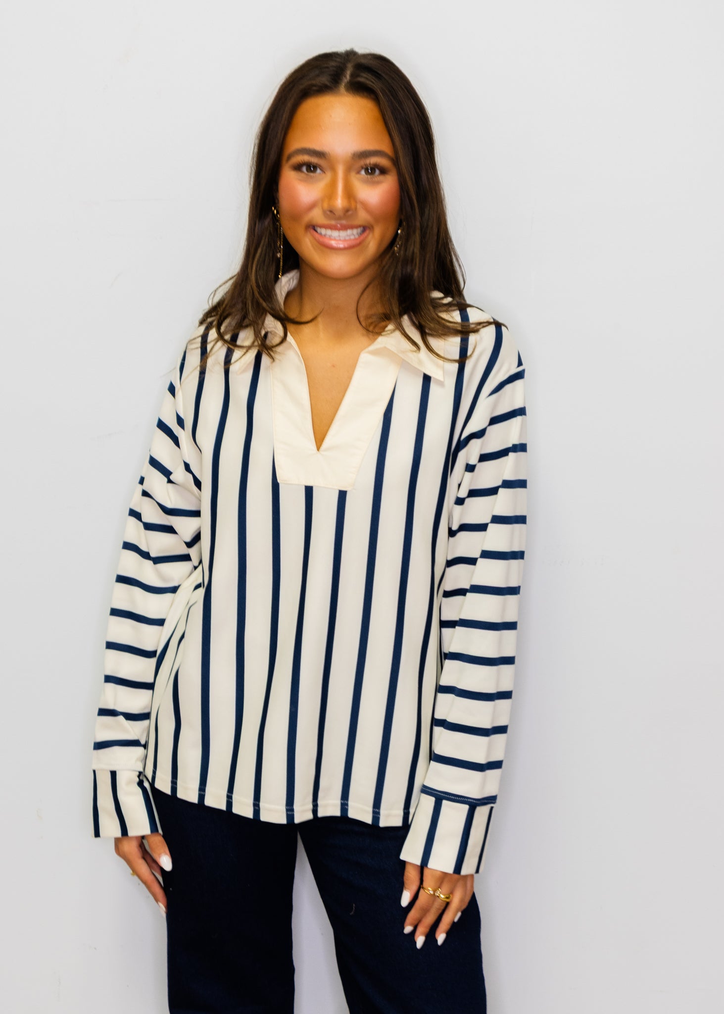 Cream & Navy Stripe Collar Top