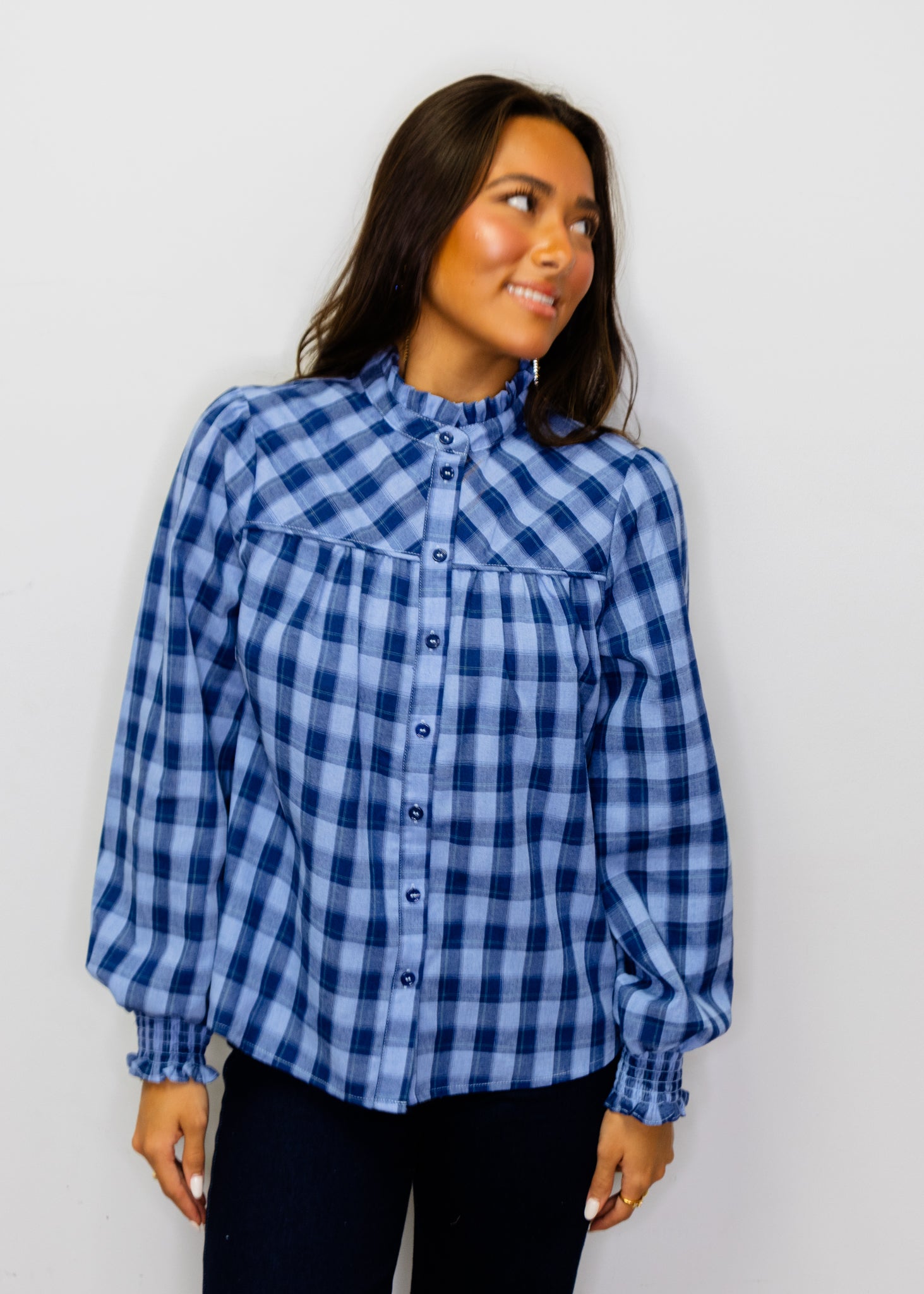 Blue Plaid Button Up Top