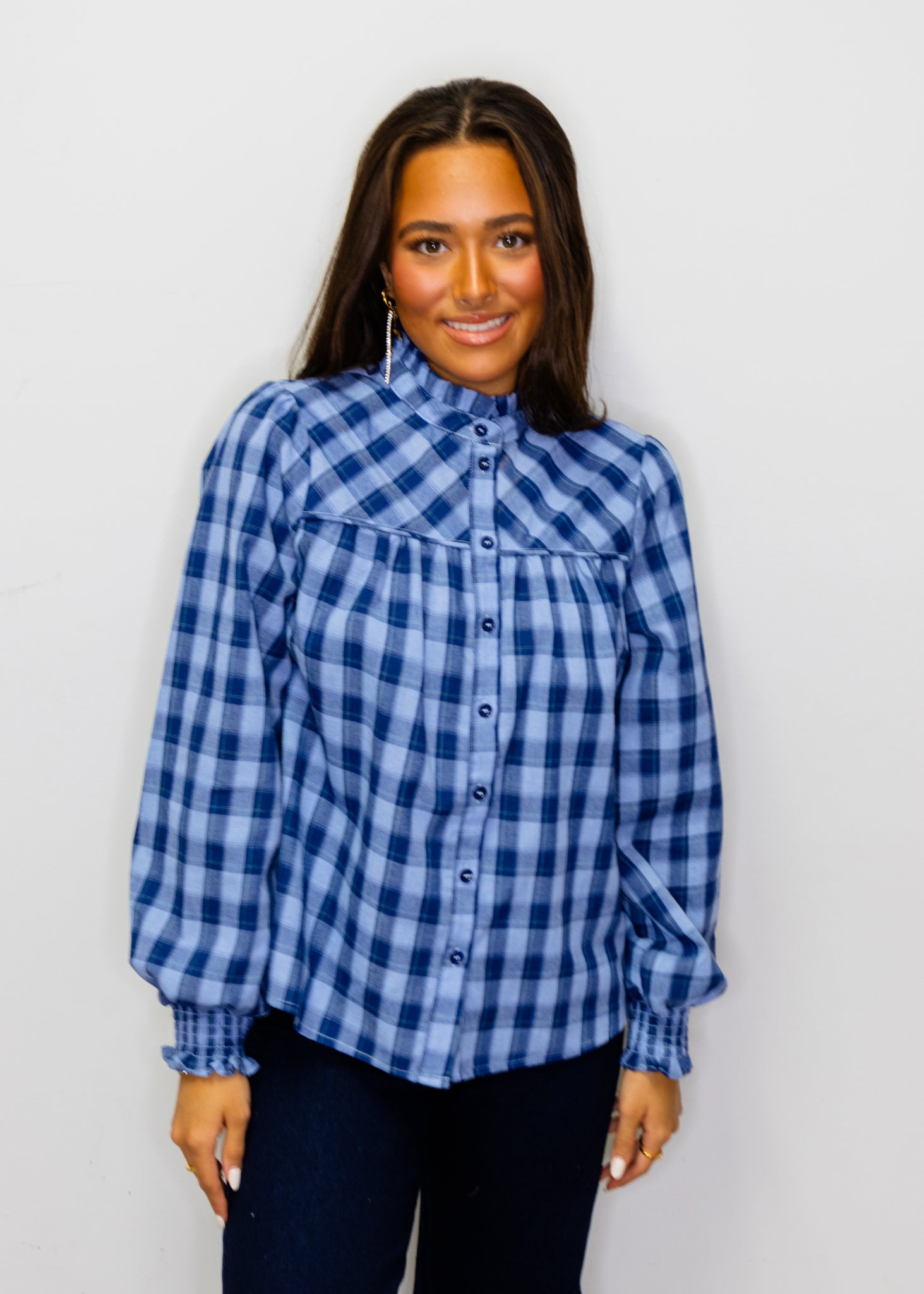Blue Plaid Button Up Top