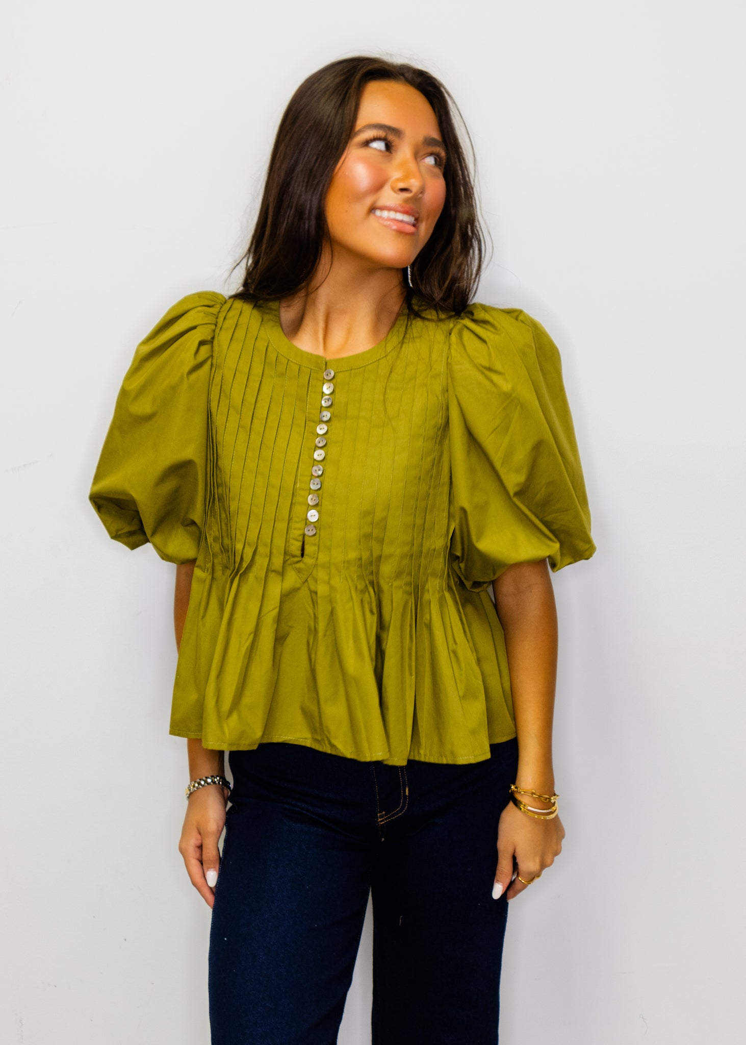 Martini Olive Round Neck Button Top