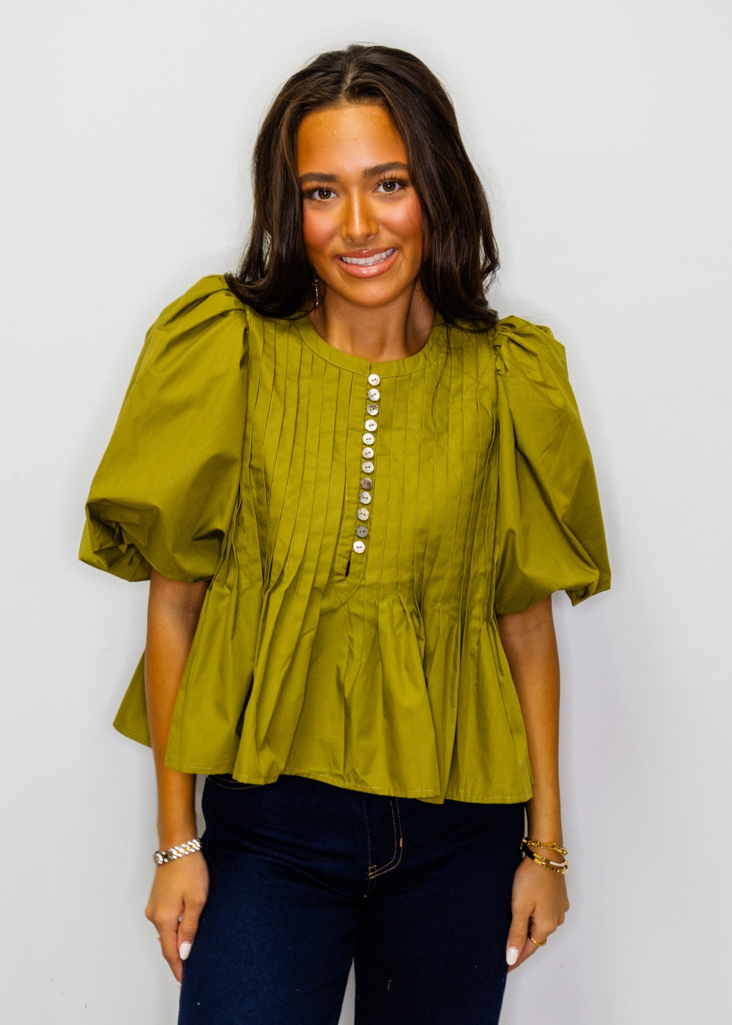 Martini Olive Round Neck Button Top