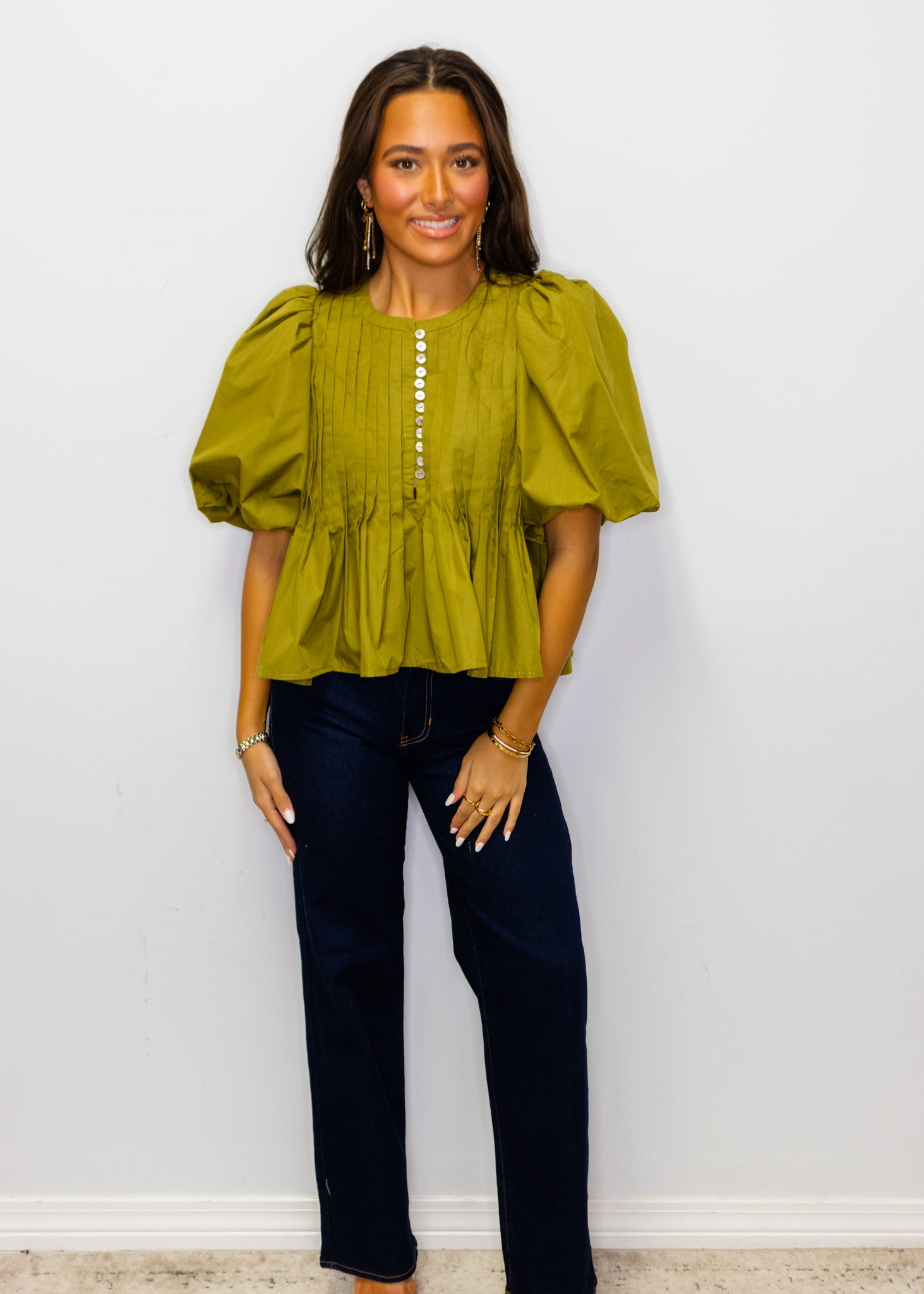 Martini Olive Round Neck Button Top