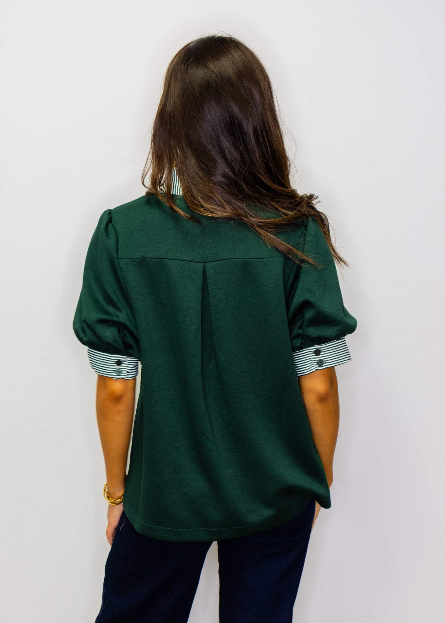 Hunter Green Stripe Contrast Accent Solid Top