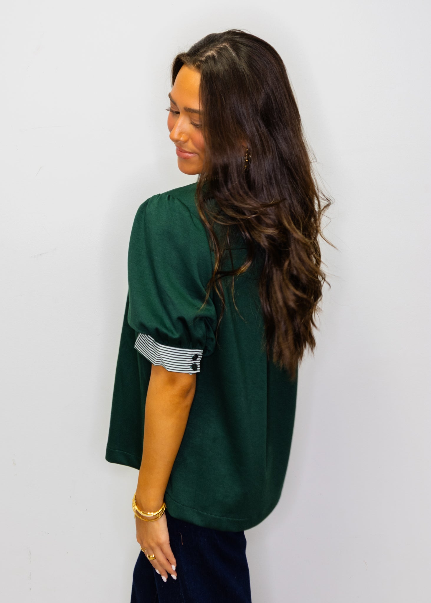 Hunter Green Stripe Contrast Accent Solid Top