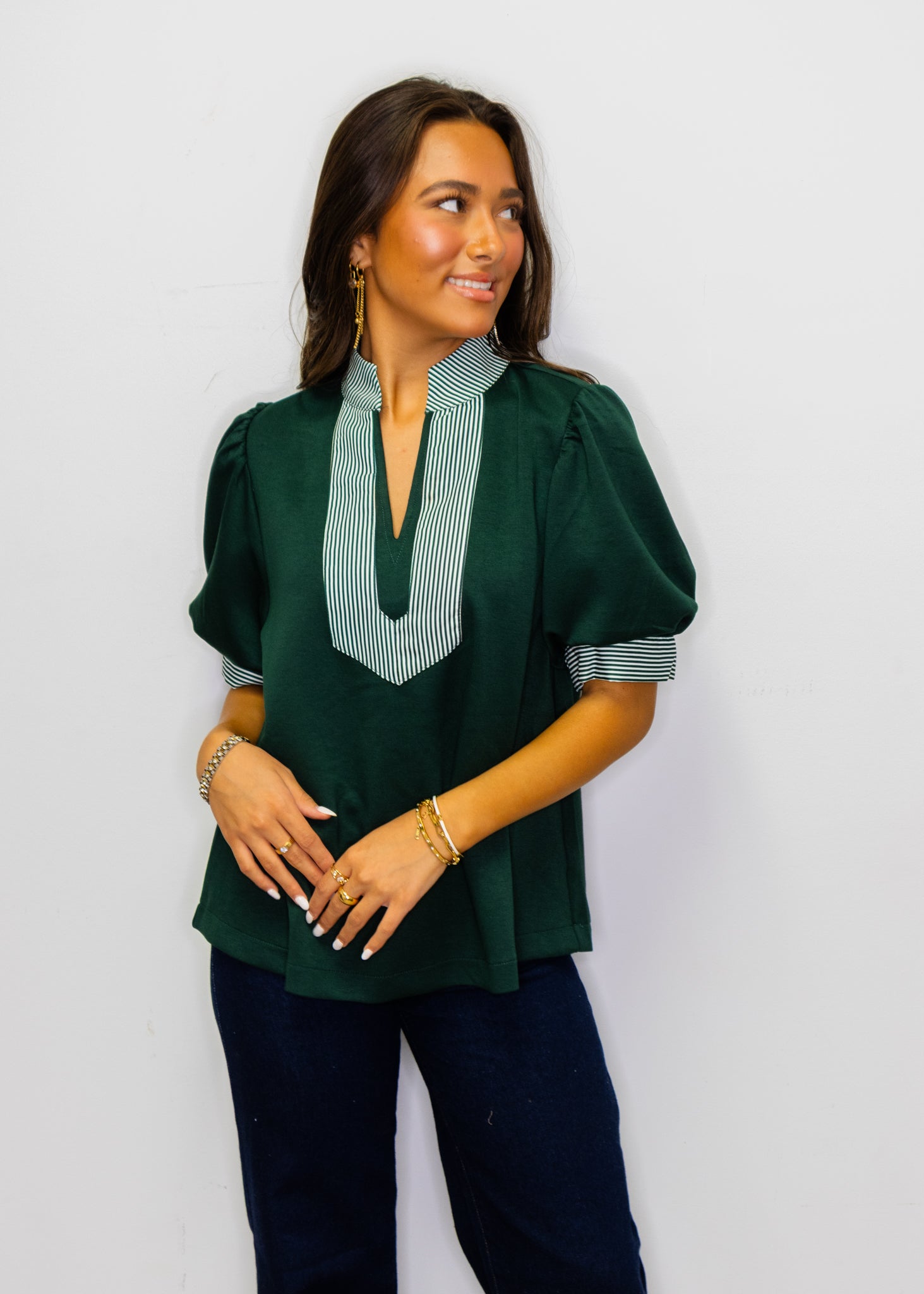 Hunter Green Stripe Contrast Accent Solid Top