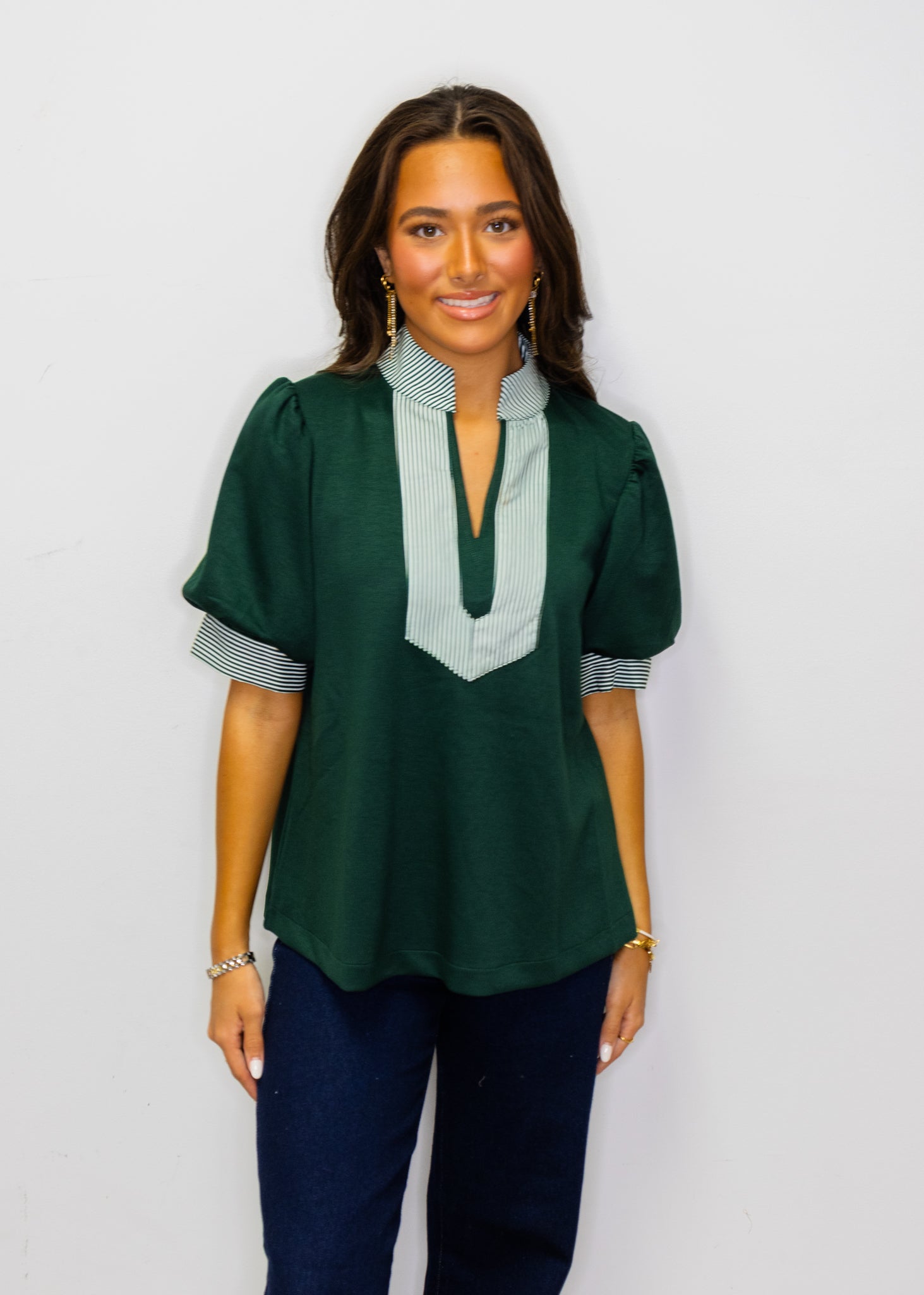 Hunter Green Stripe Contrast Accent Solid Top