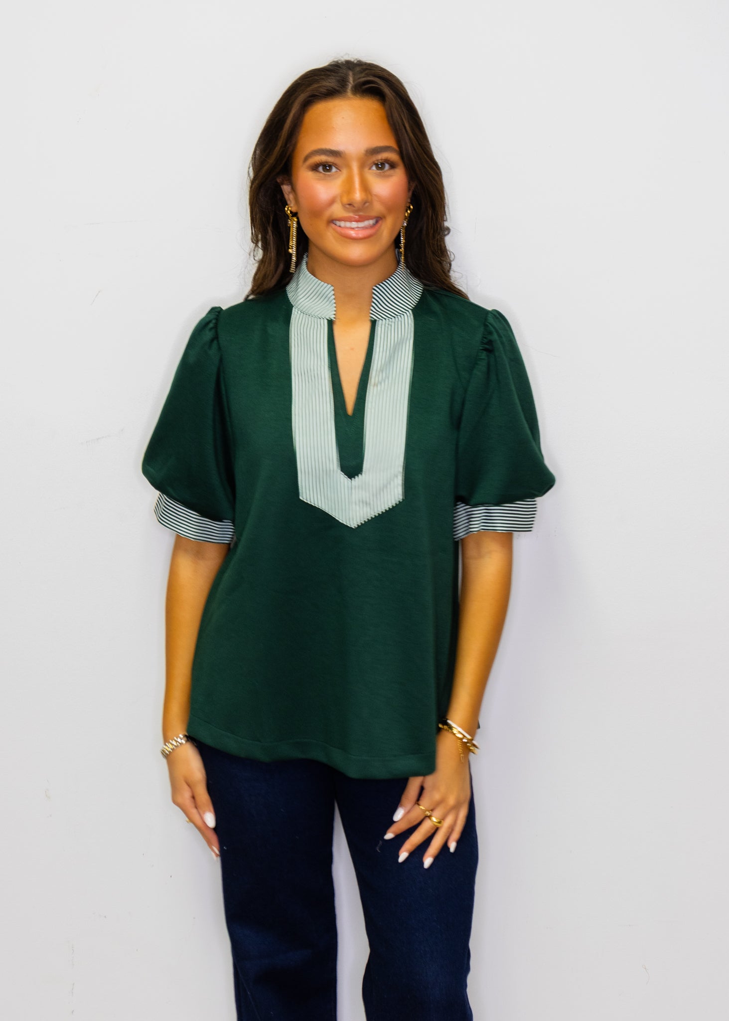 Hunter Green Stripe Contrast Accent Solid Top