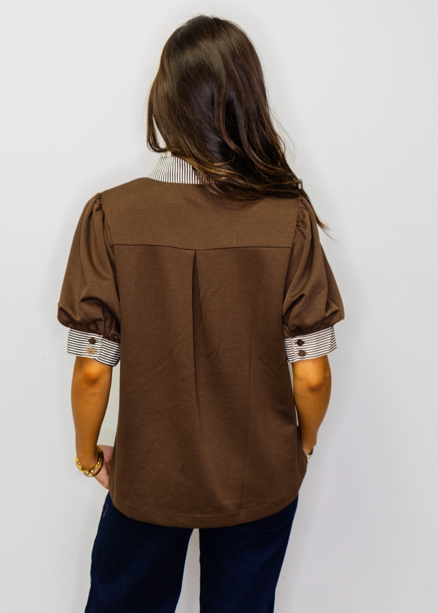 Brown Stripe Contrast Accent Solid Top