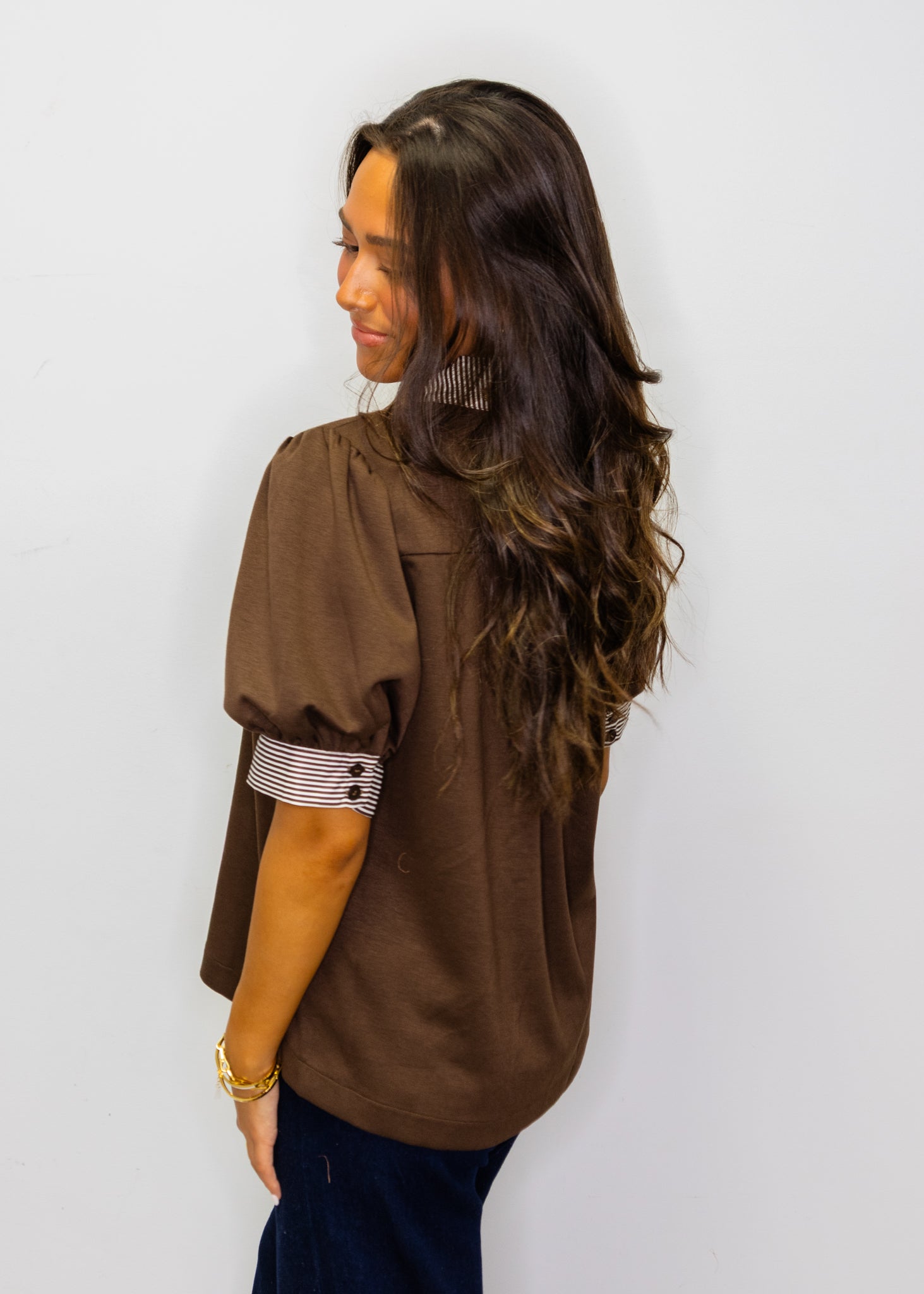 Brown Stripe Contrast Accent Solid Top