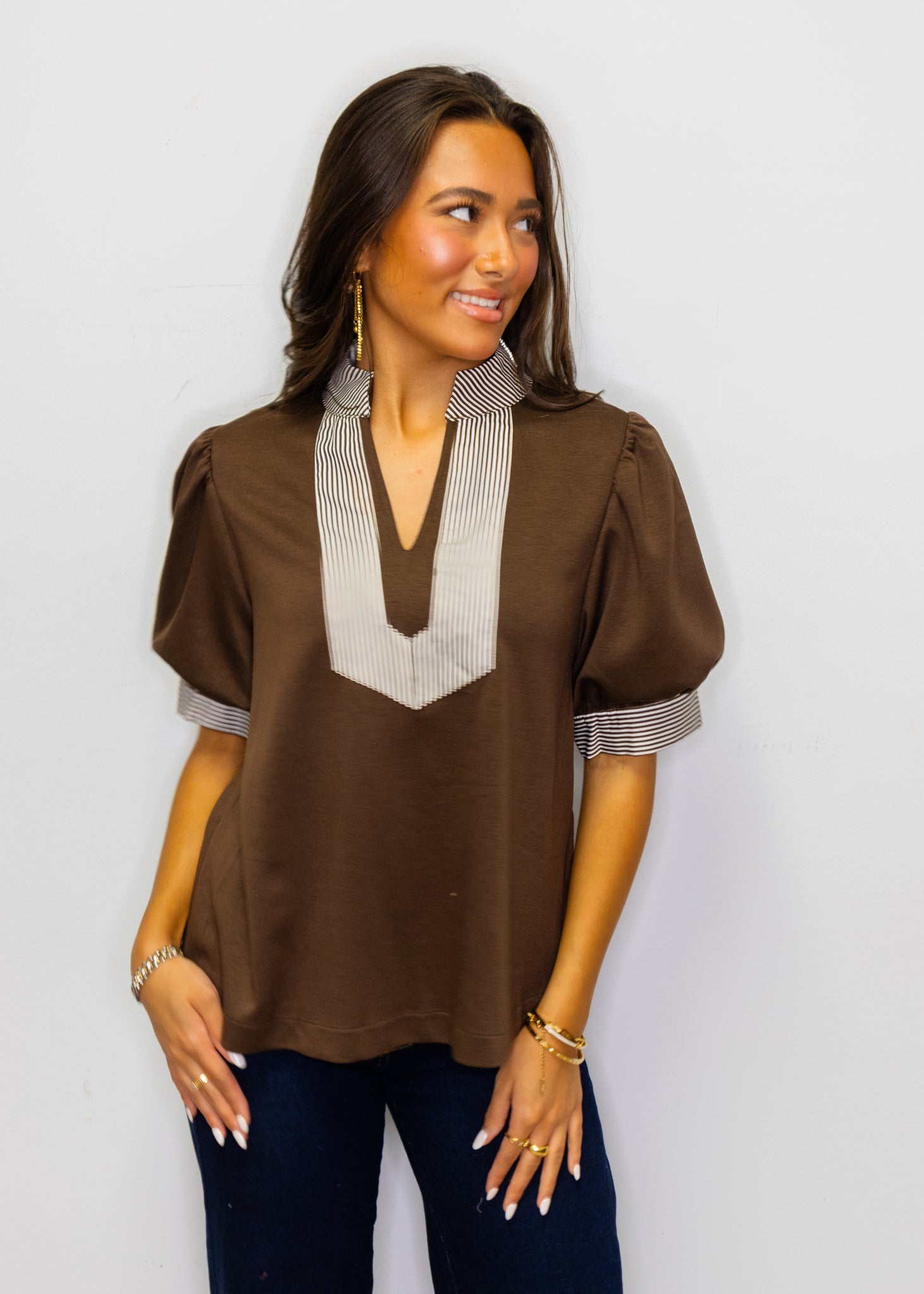 Brown Stripe Contrast Accent Solid Top
