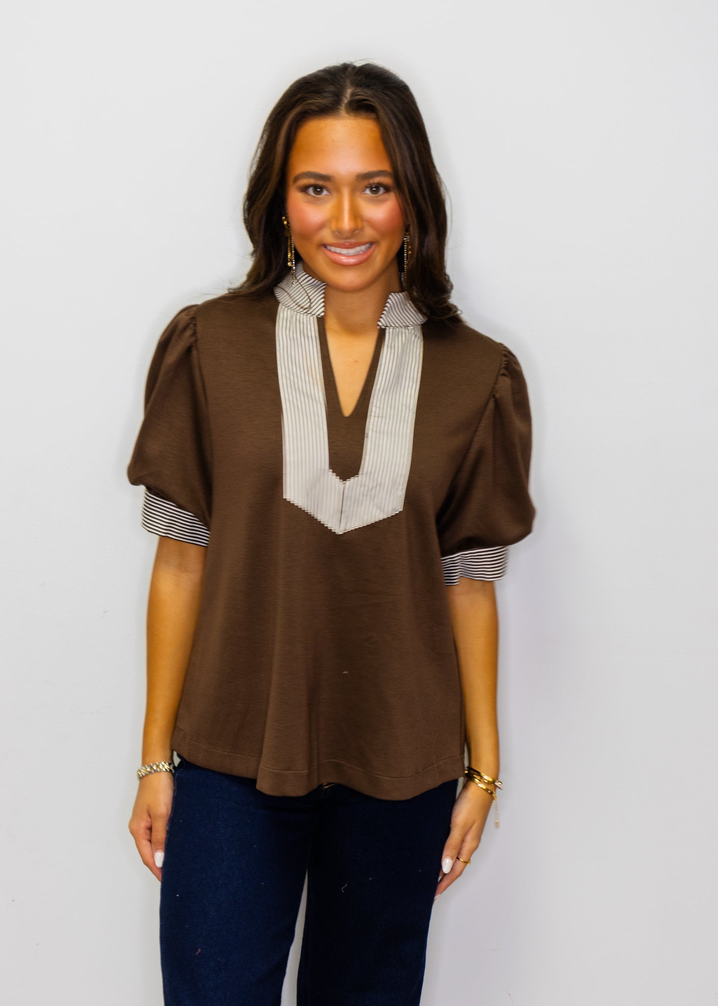 Brown Stripe Contrast Accent Solid Top