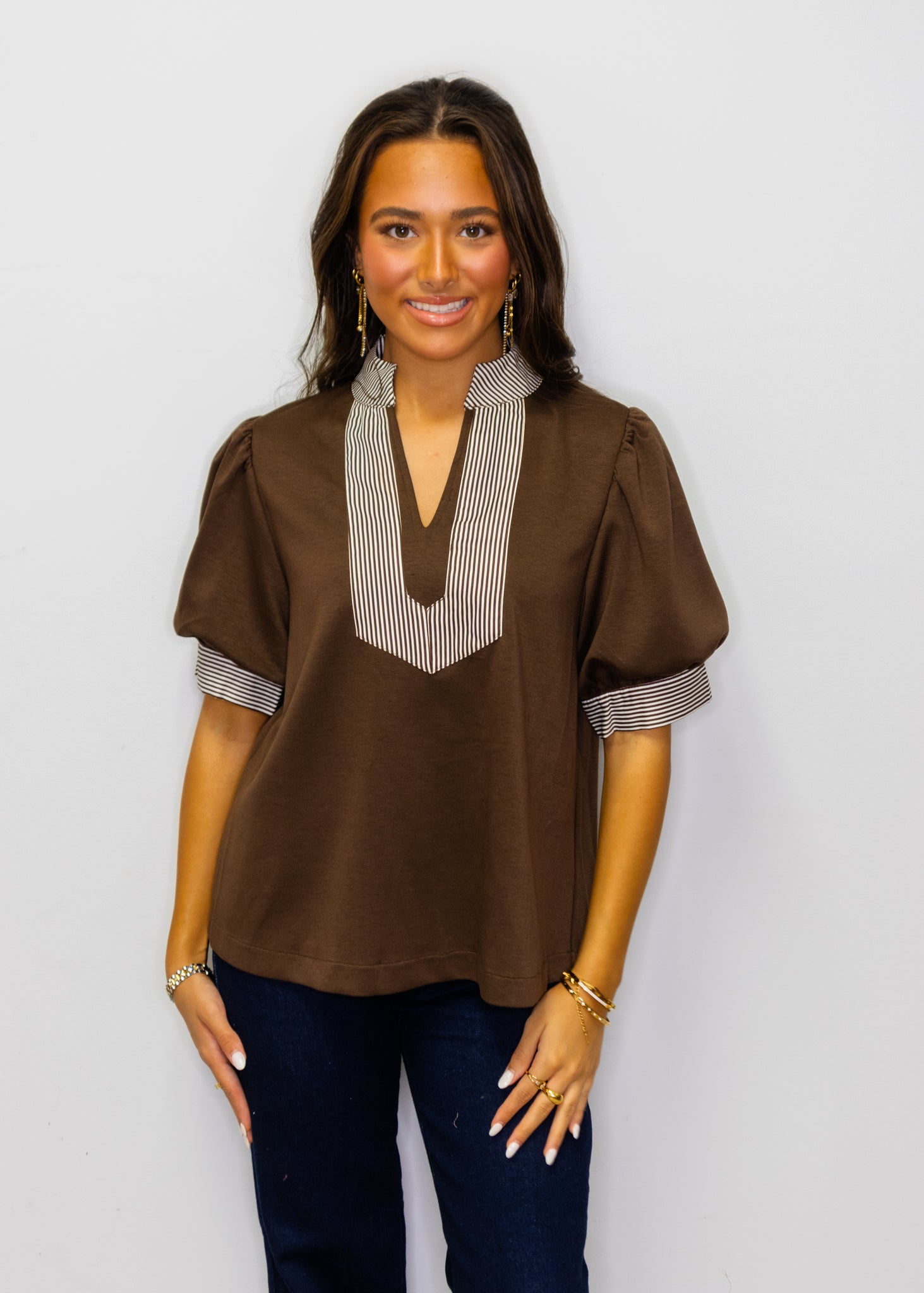 Brown Stripe Contrast Accent Solid Top