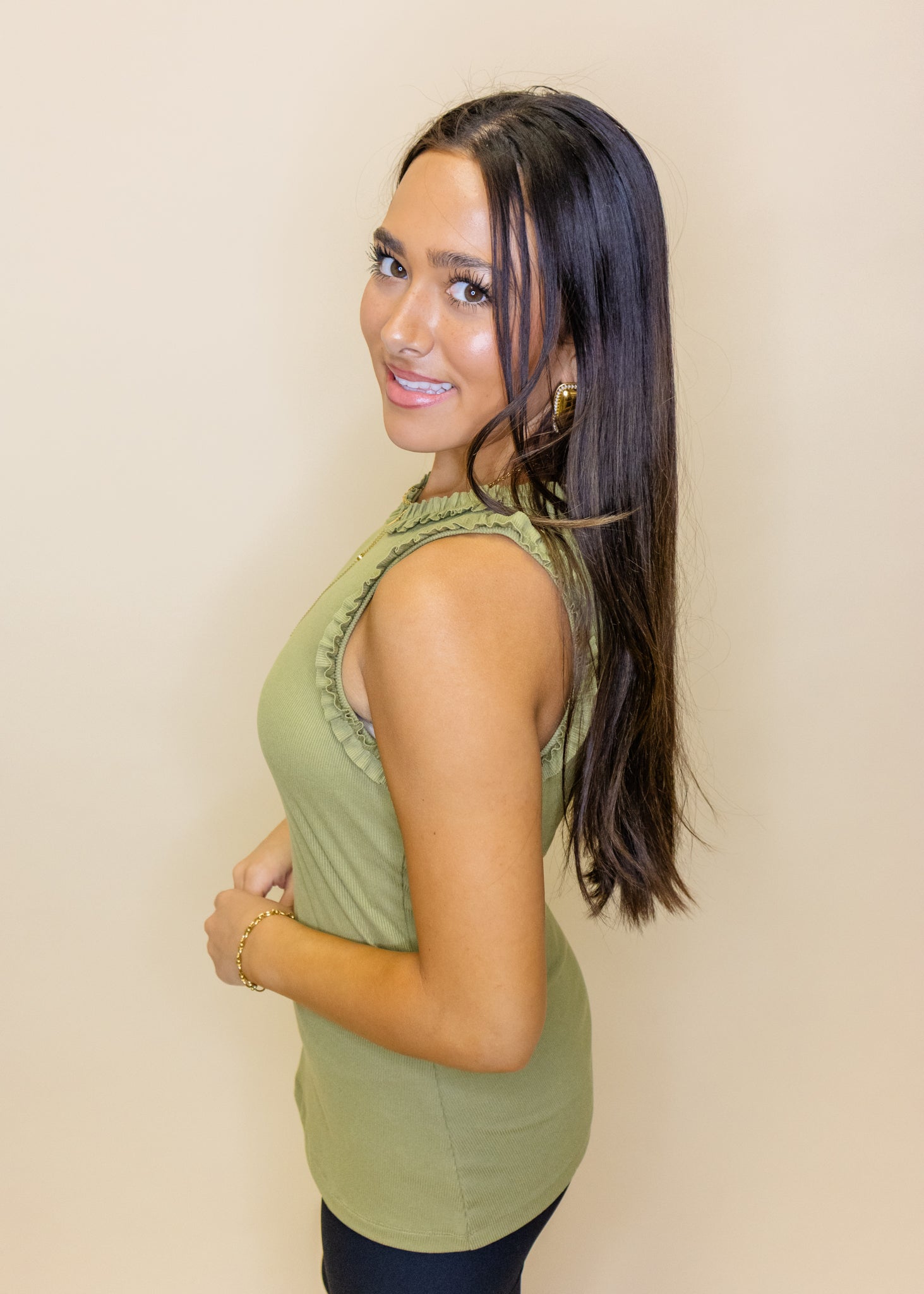 Olive RIbbed Ruffle Neck Tank