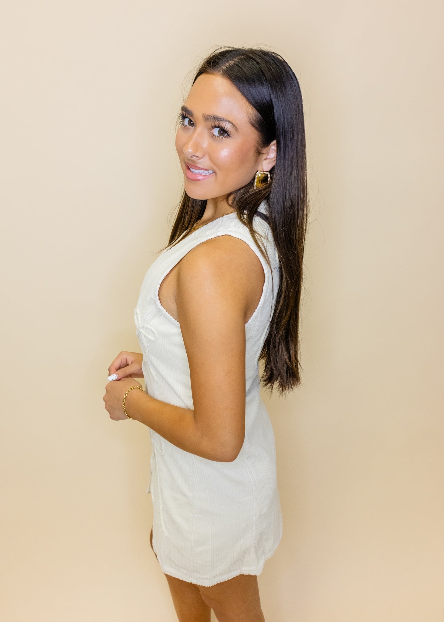 Cream Corduroy Bow Button Dress