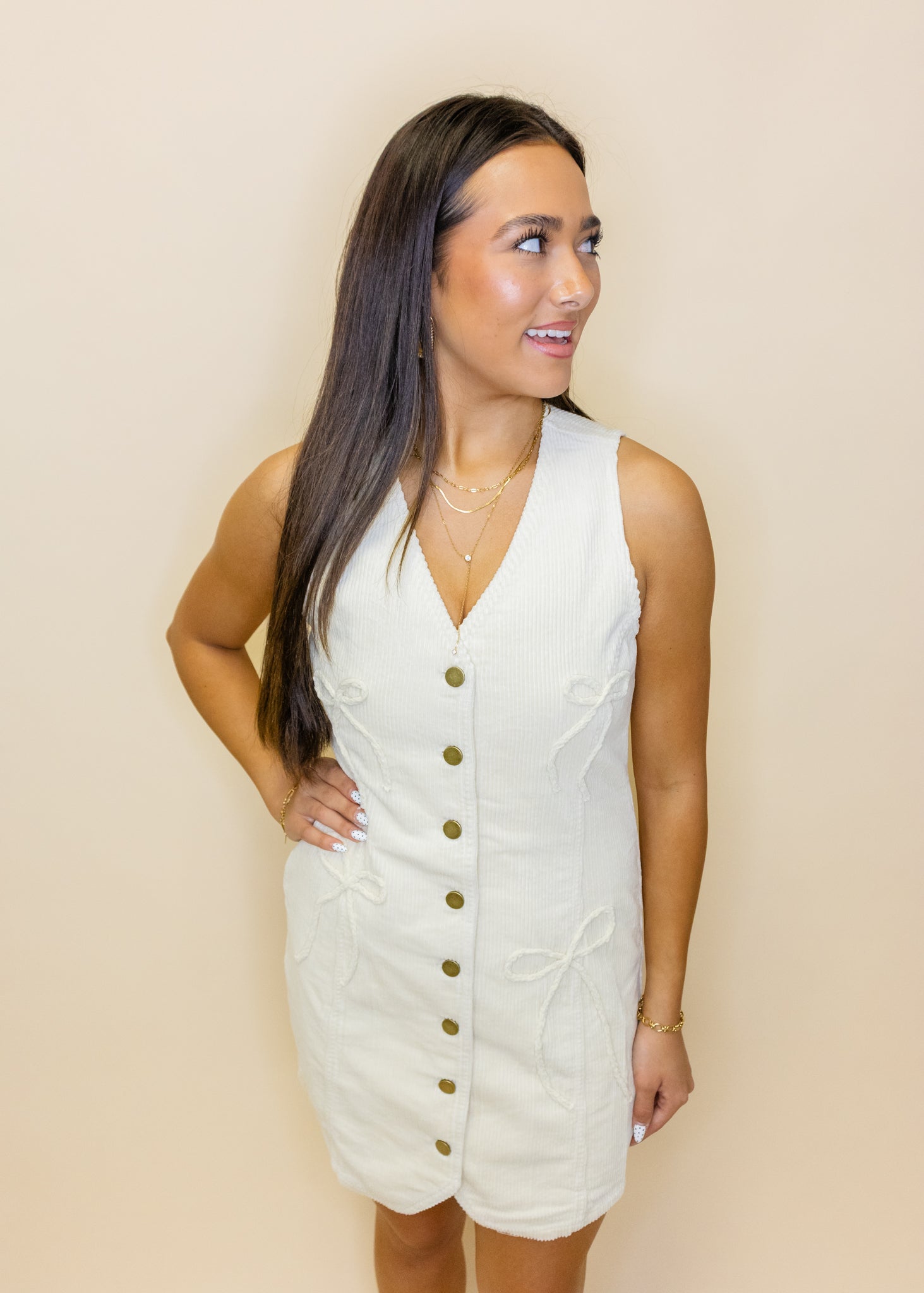 Cream Corduroy Bow Button Dress