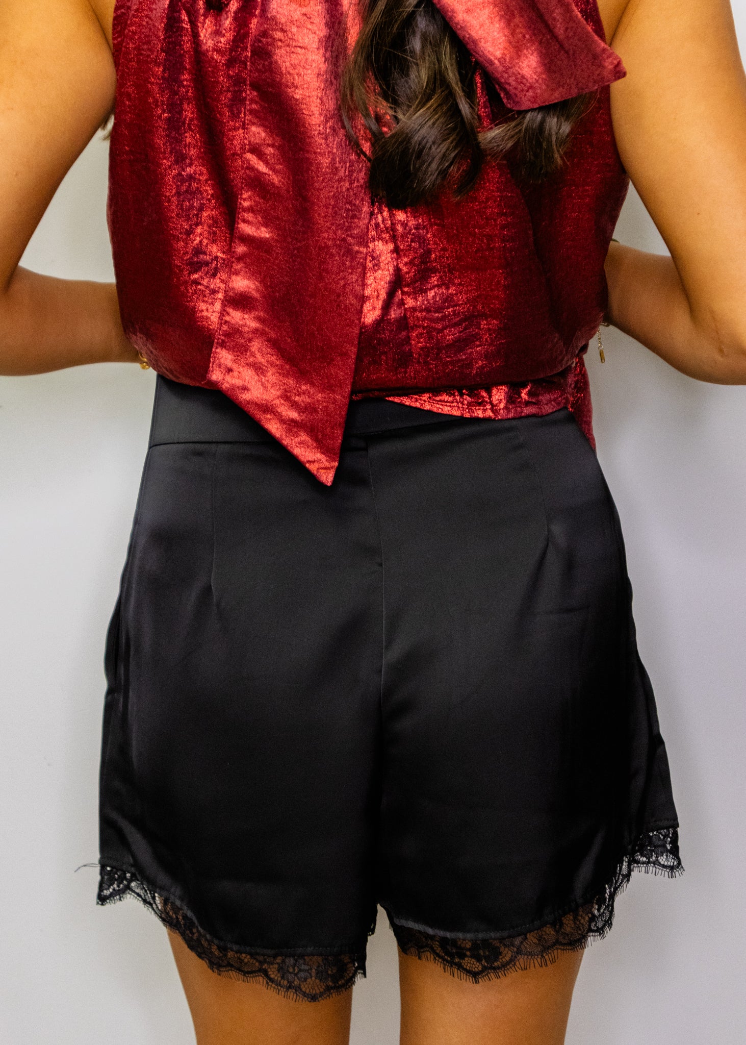 Black Lace Trim Satin Shorts
