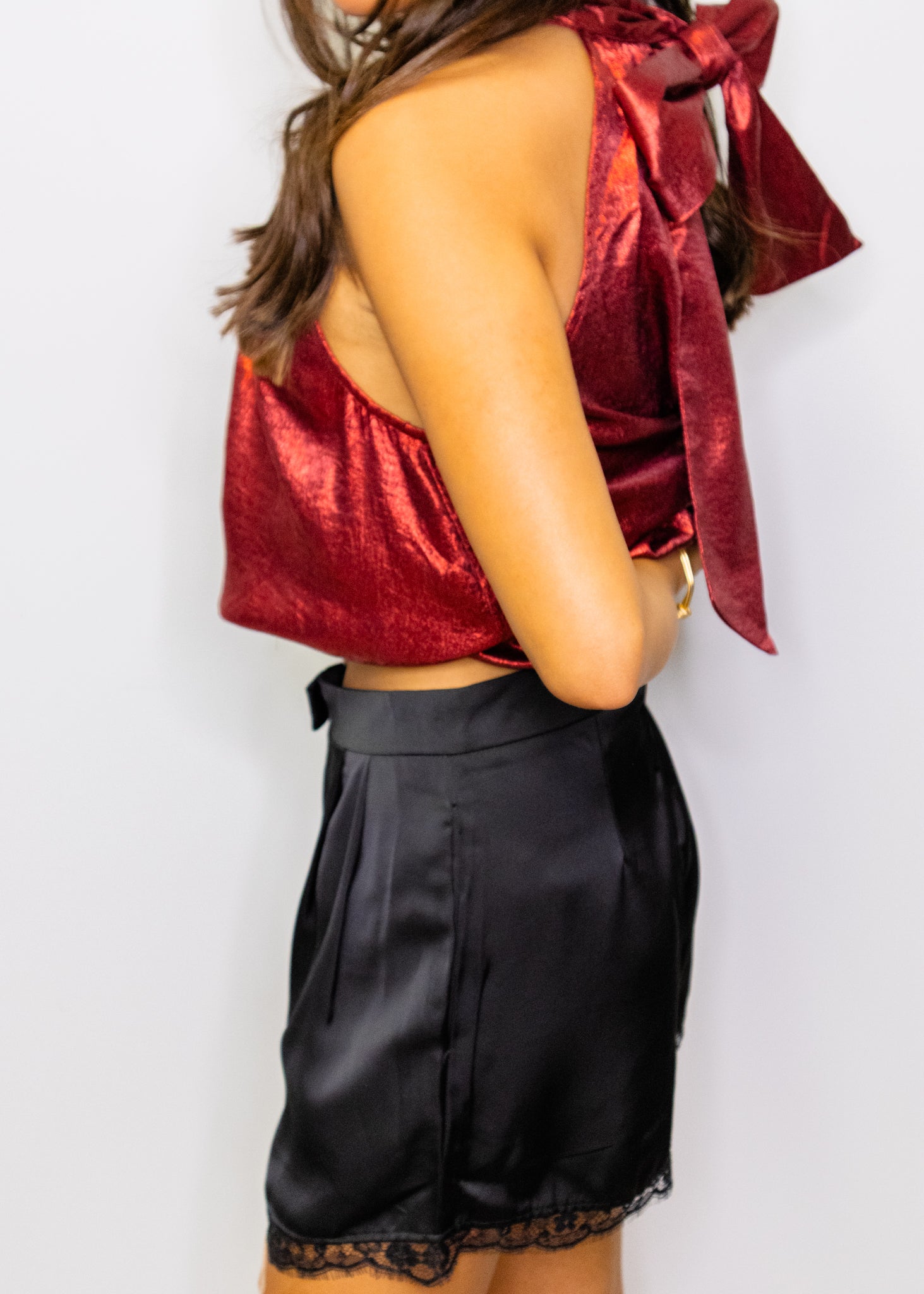 Black Lace Trim Satin Shorts