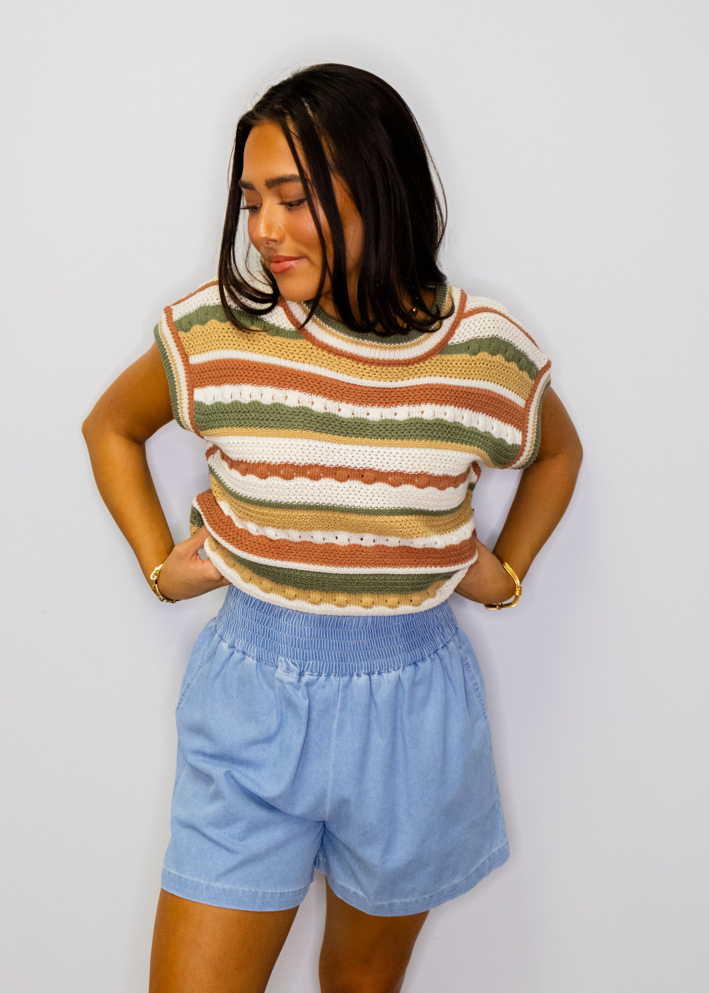 Denim Elastic Waist Washed Shorts