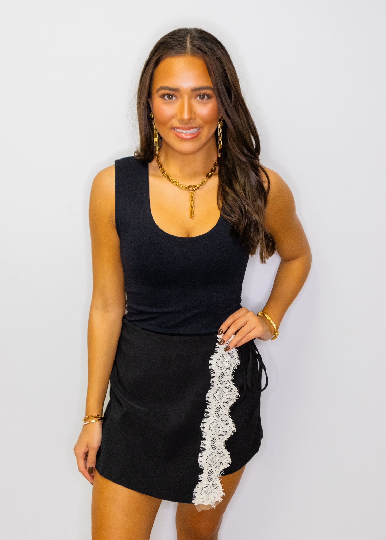 Black Lace Trim Wrap Skort