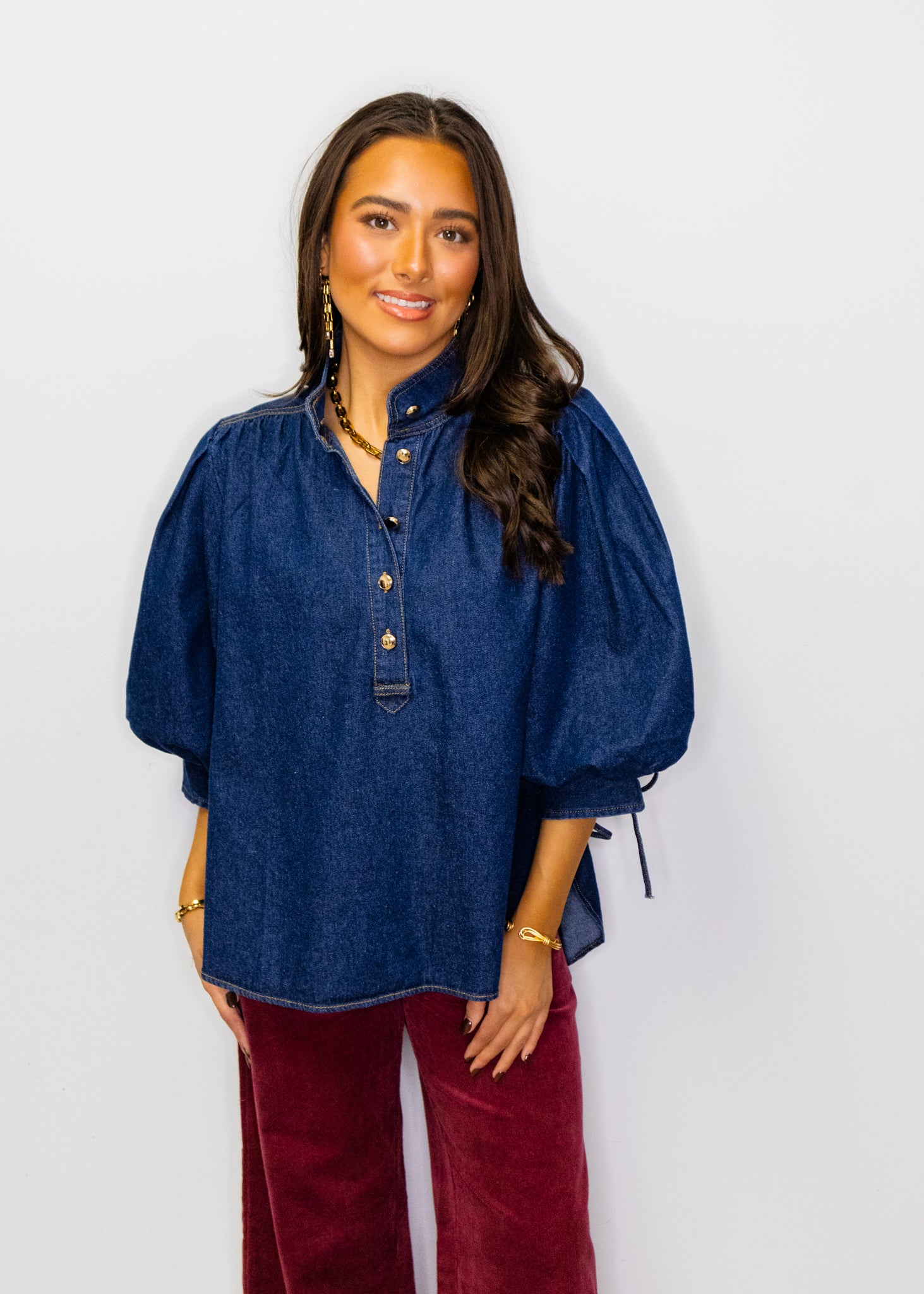 Denim Puff Sleeve Button Top