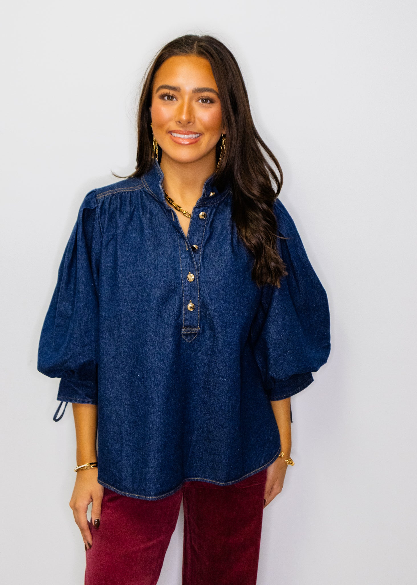 Denim Puff Sleeve Button Top