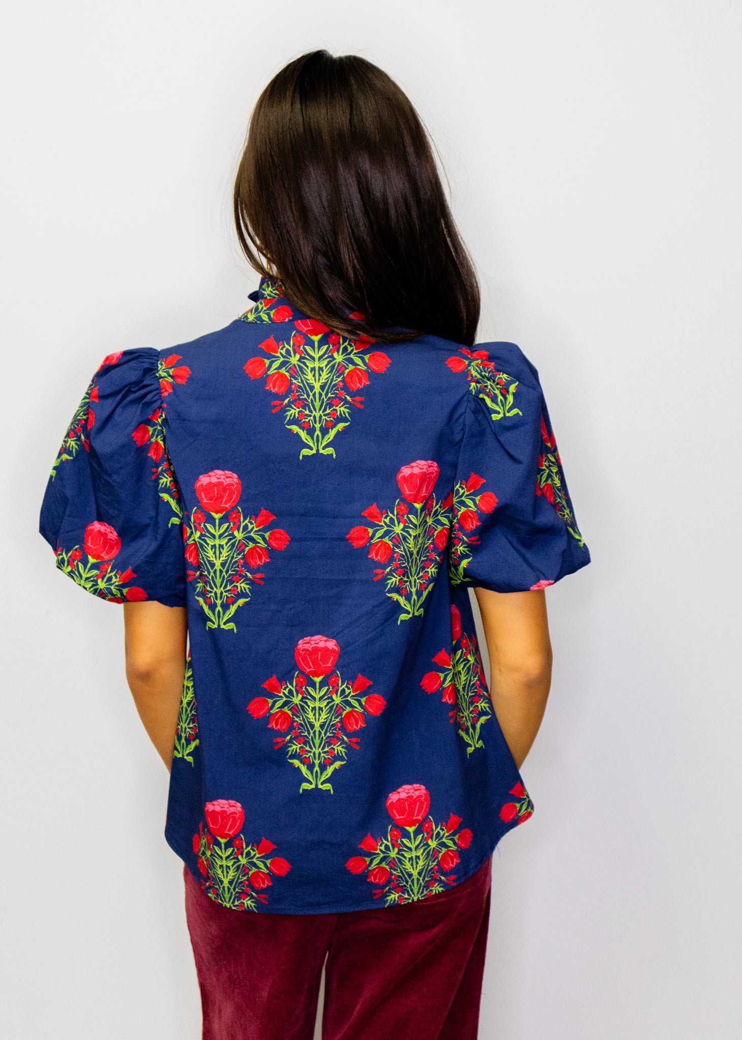 Navy Floral Puff Sleeve Top
