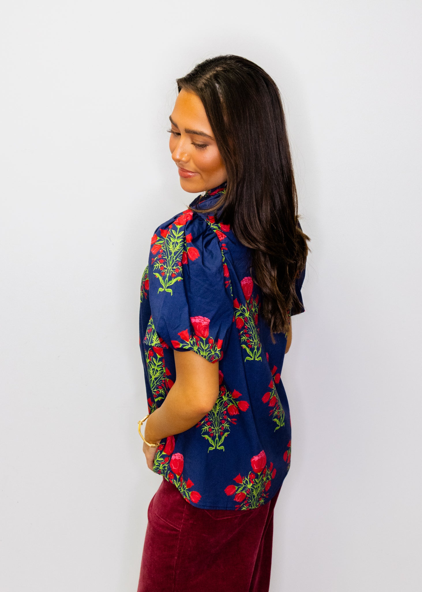 Navy Floral Puff Sleeve Top