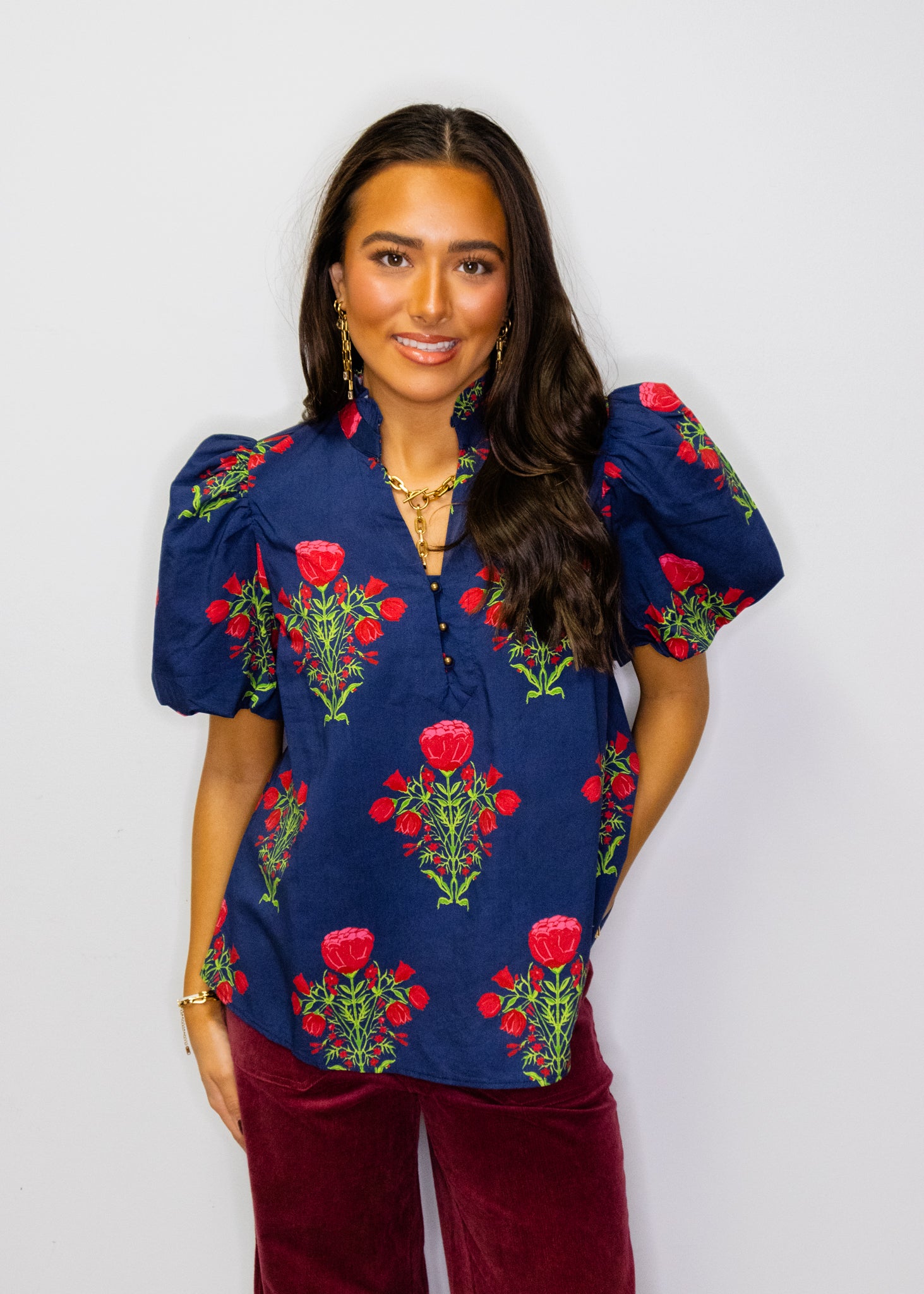 Navy Floral Puff Sleeve Top