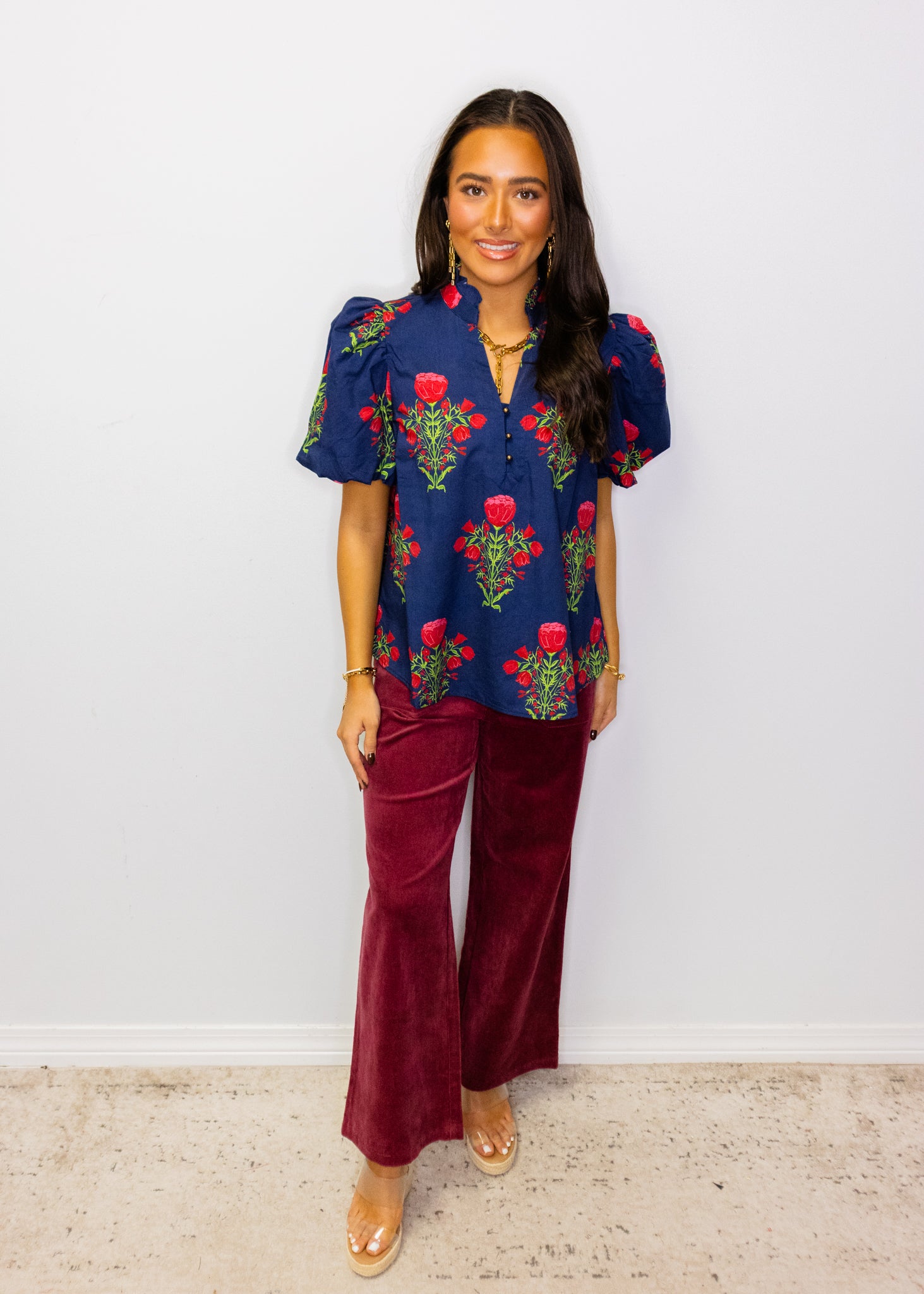 Navy Floral Puff Sleeve Top