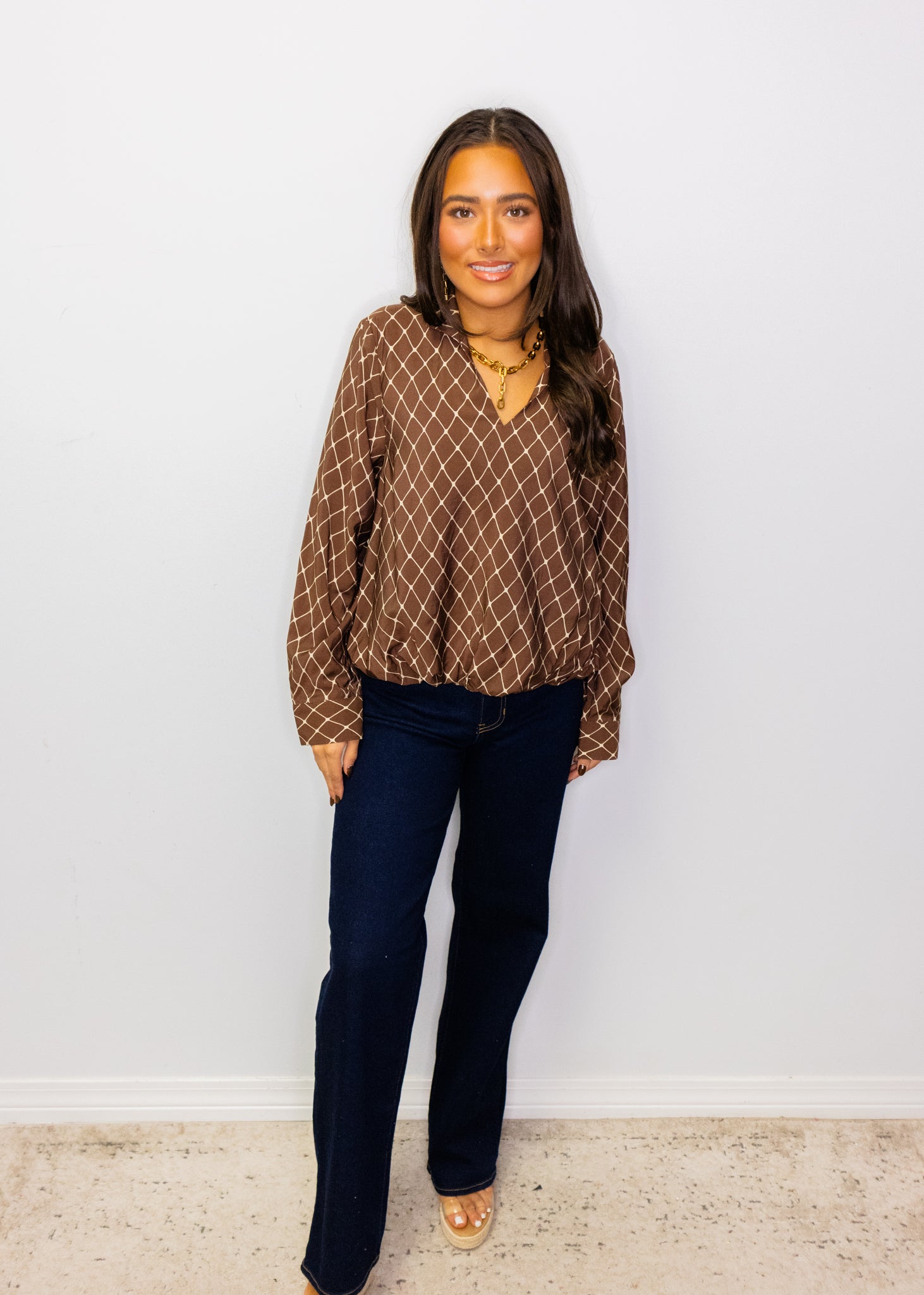 Brown Geometric Long Sleeve Top