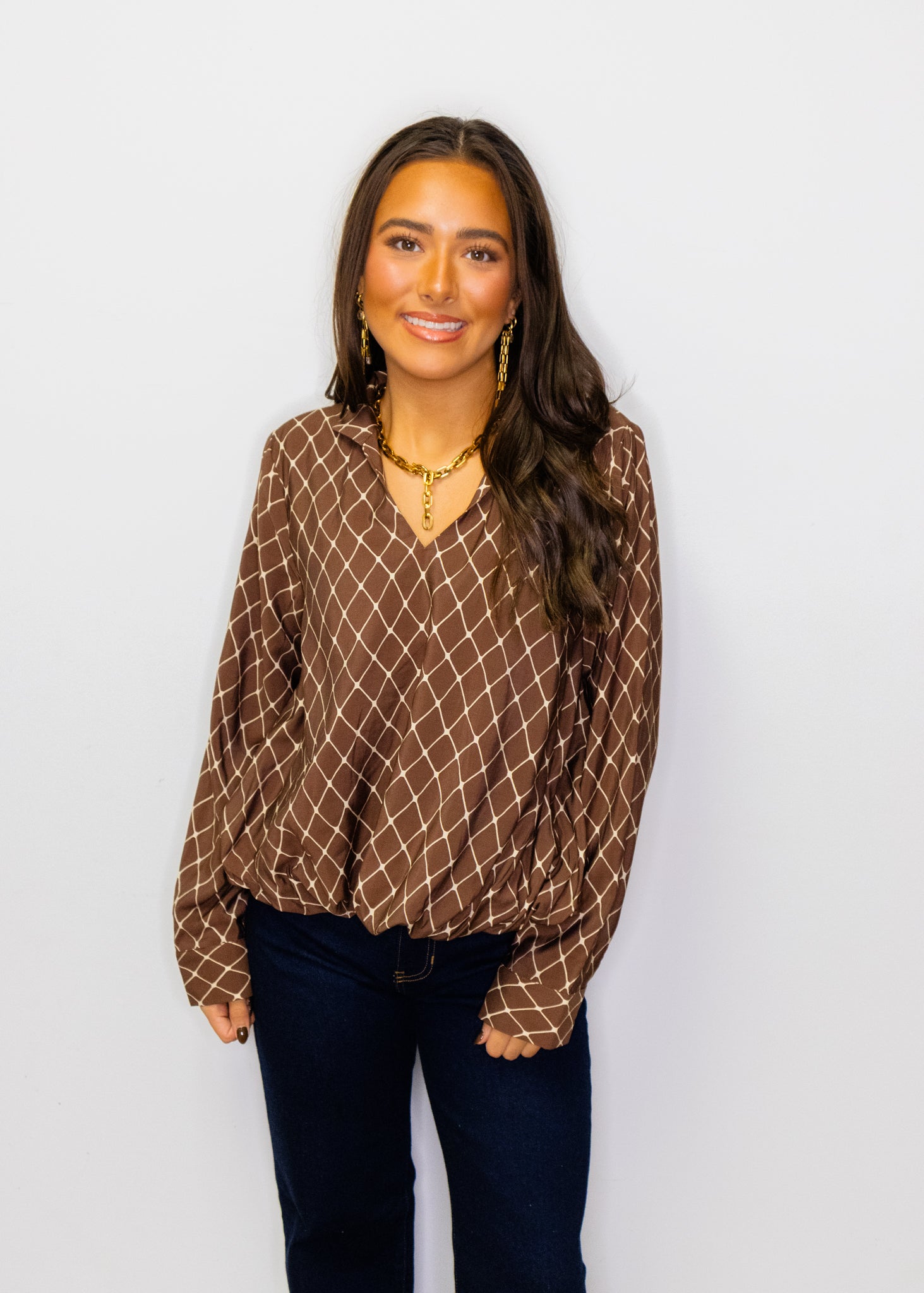 Brown Geometric Long Sleeve Top