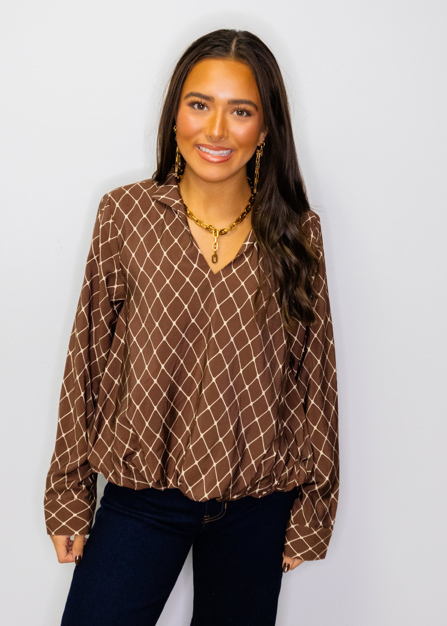 Brown Geometric Long Sleeve Top