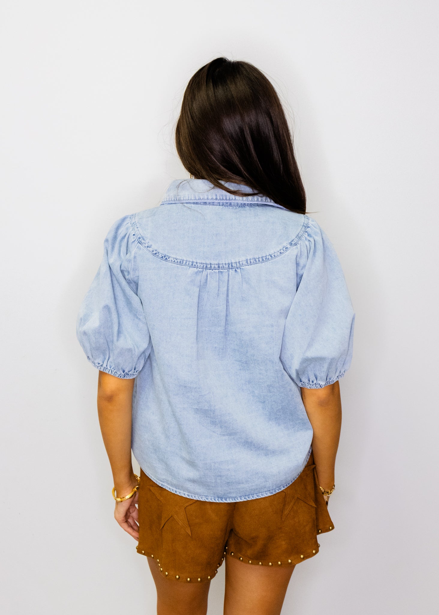 Denim Button-Up Short Sleeve Top