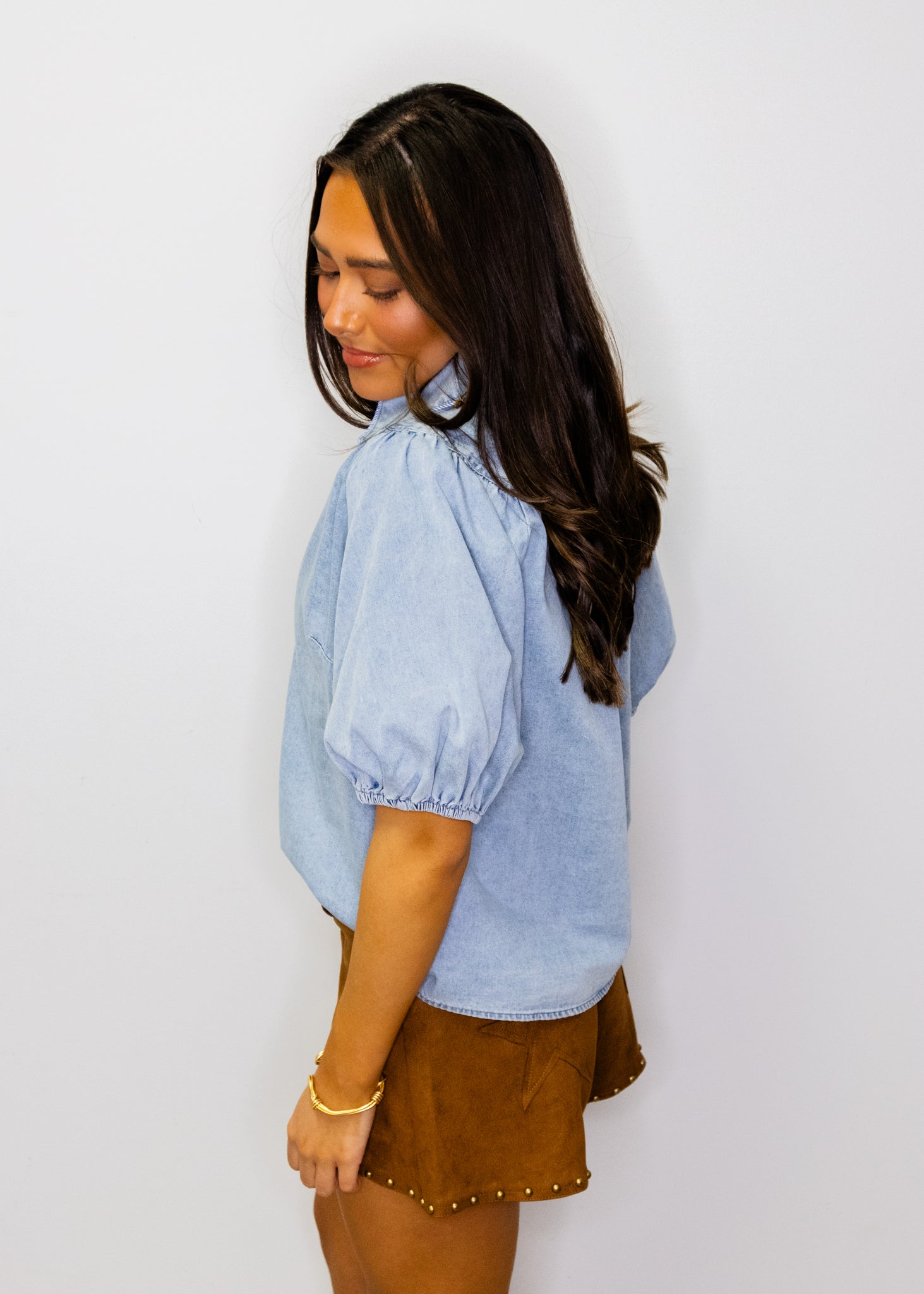 Denim Button-Up Short Sleeve Top
