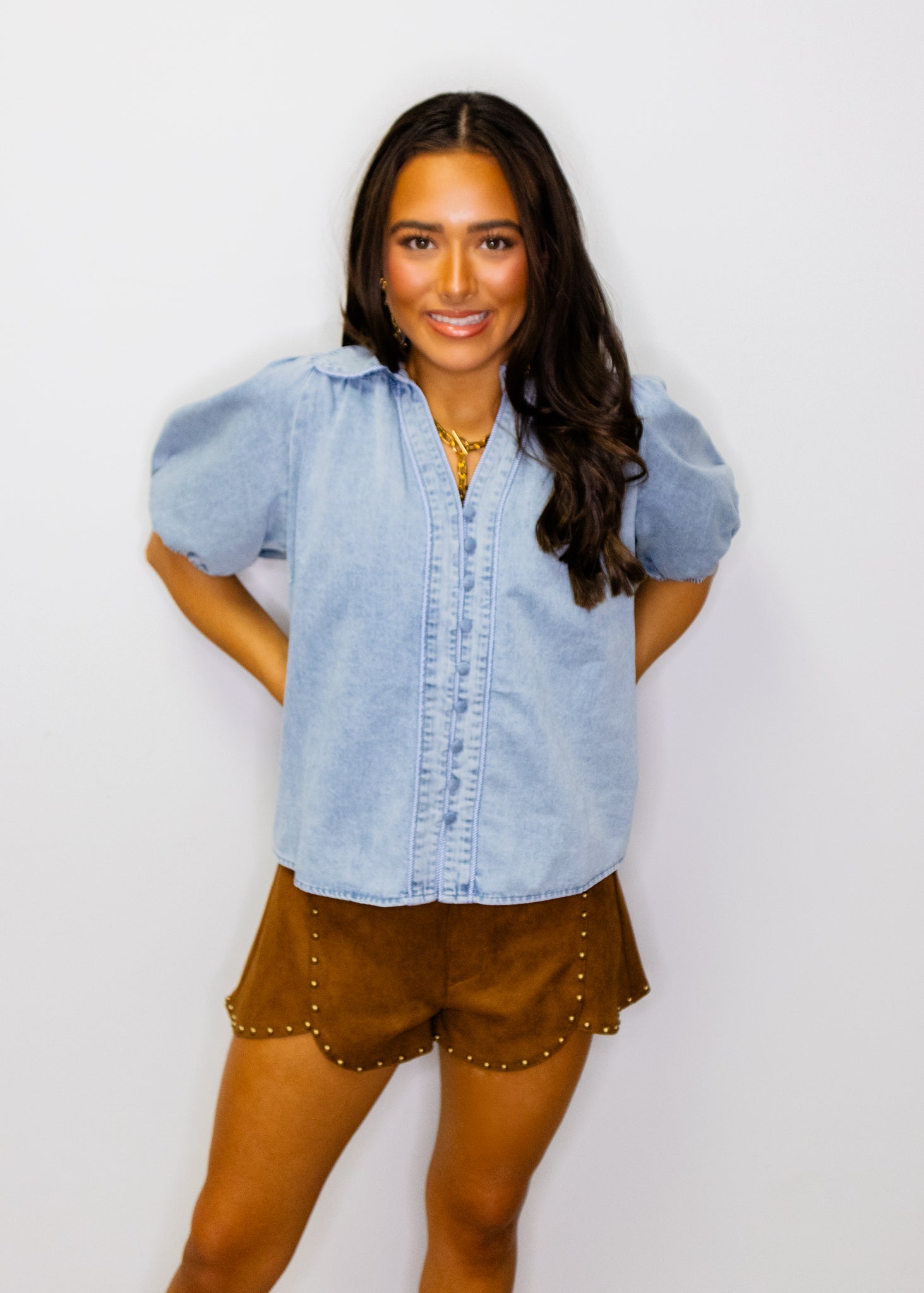 Denim Button-Up Short Sleeve Top