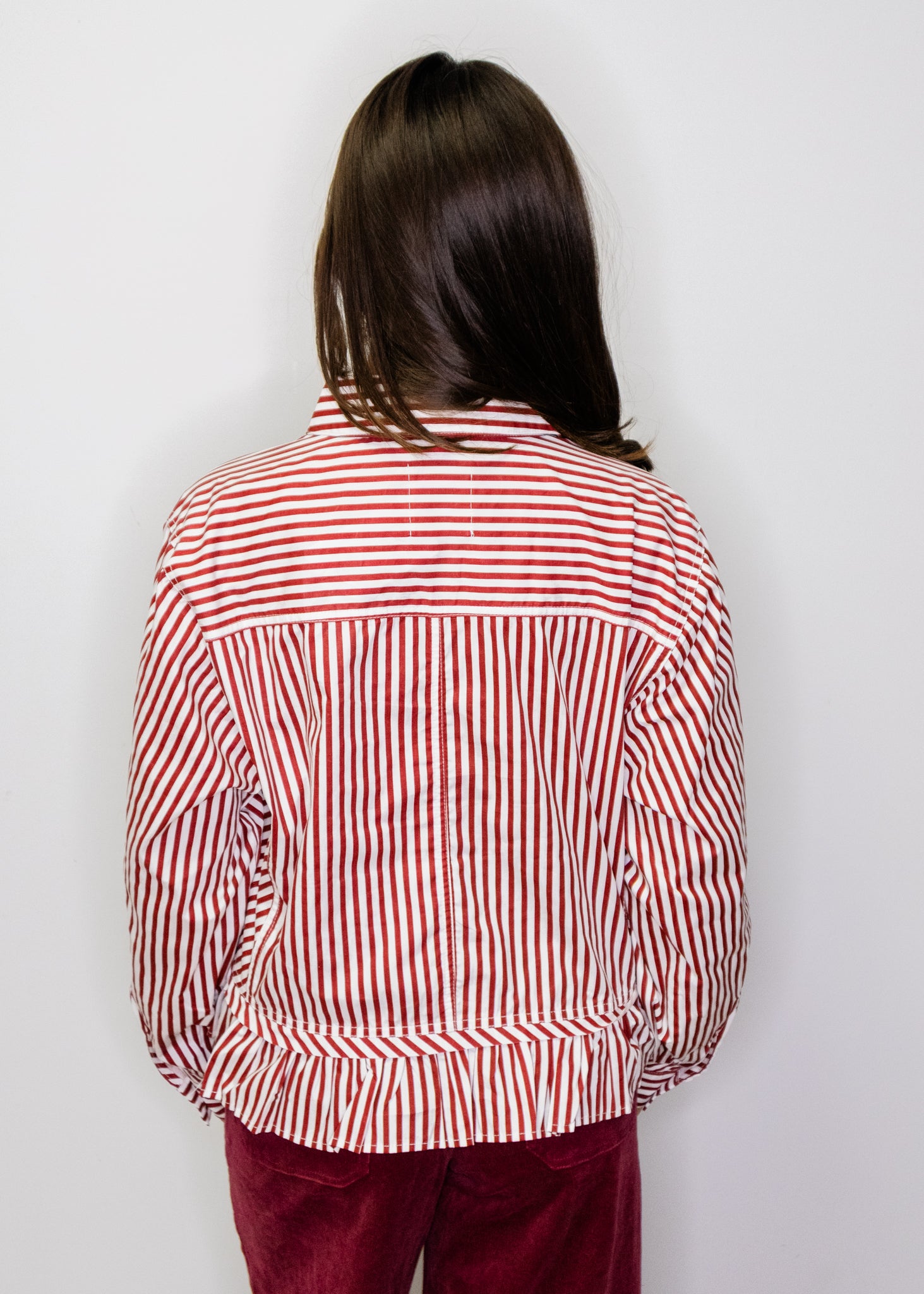 Burgundy Stripe Ruffle Button Top
