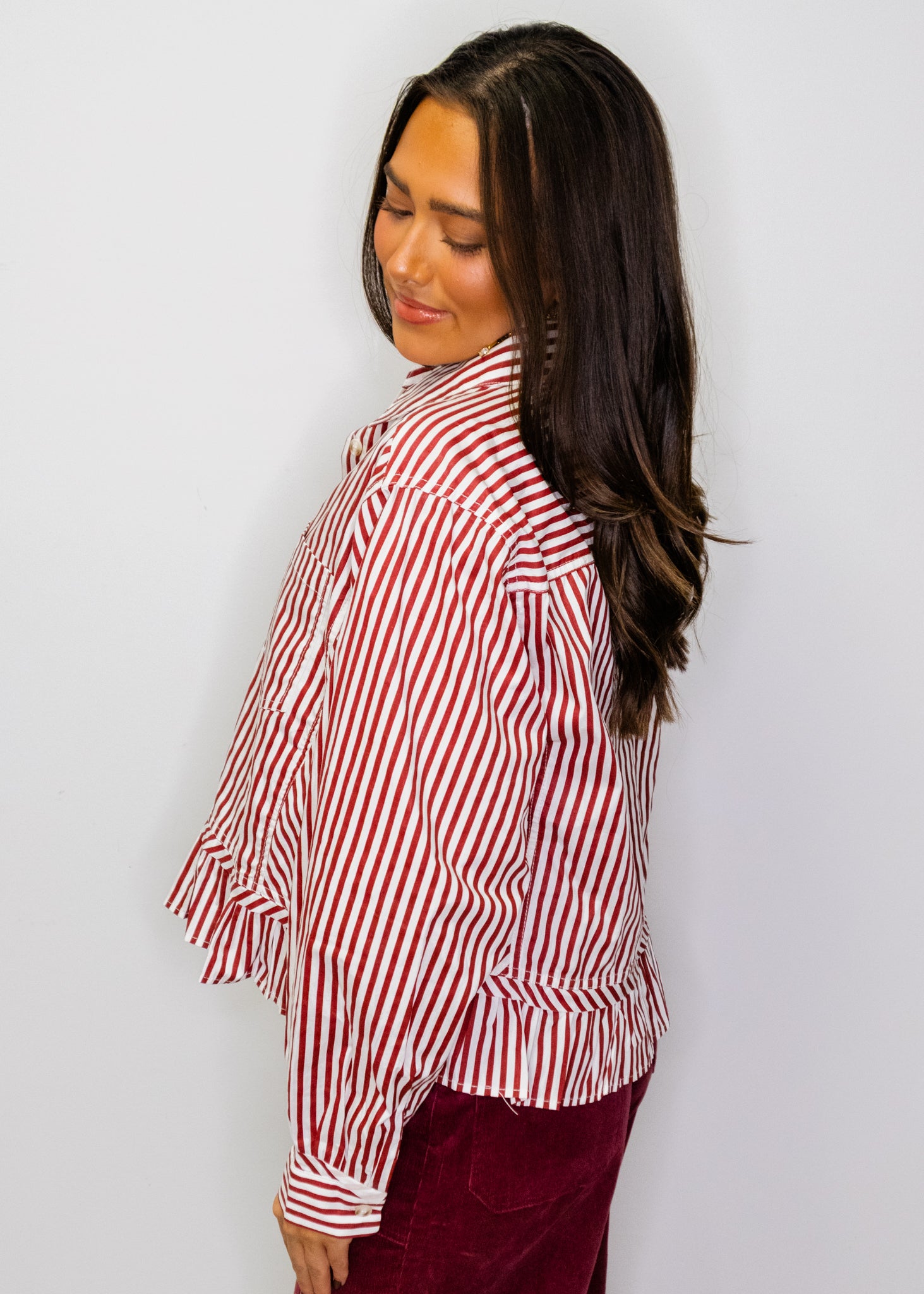 Burgundy Stripe Ruffle Button Top