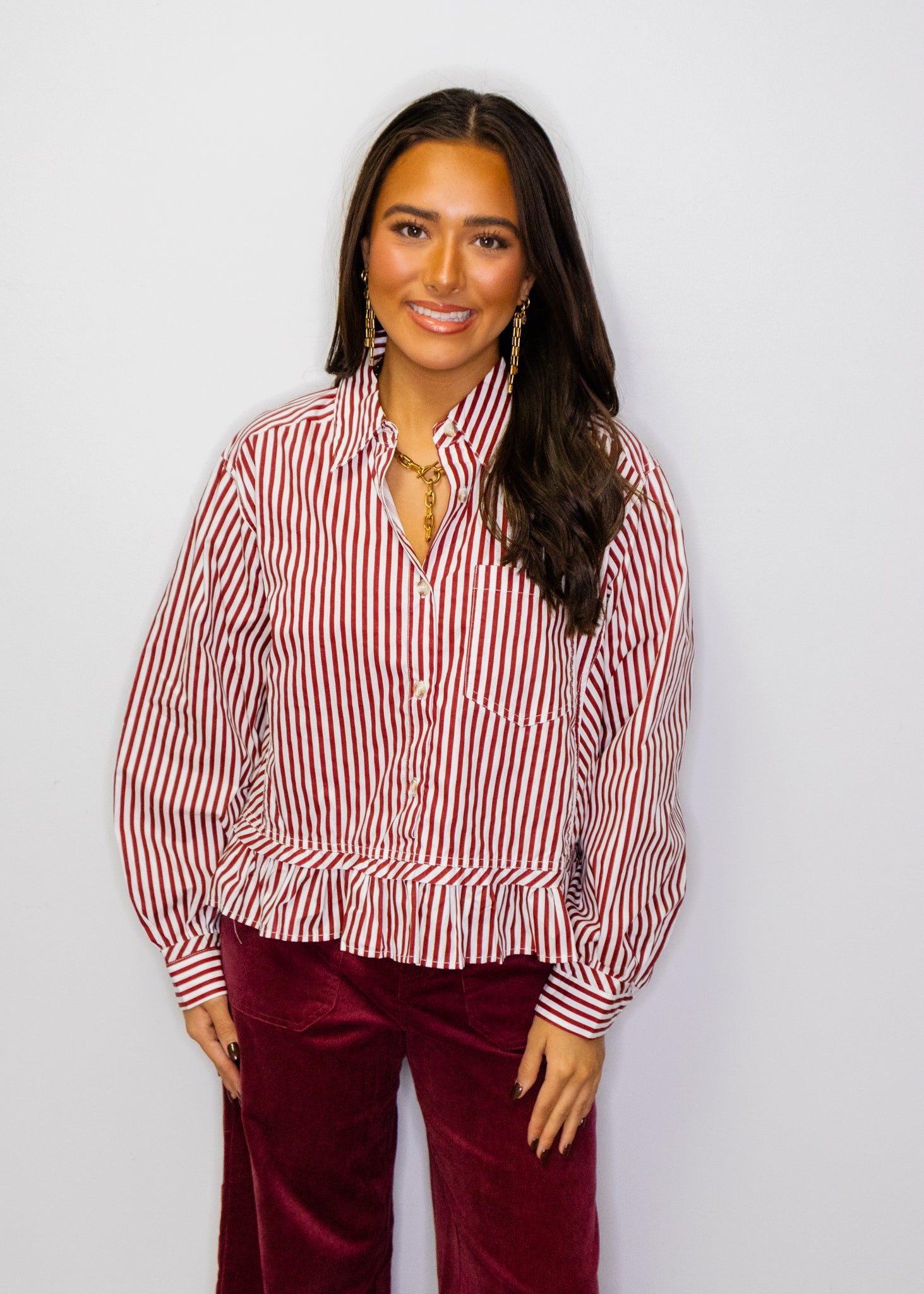 Burgundy Stripe Ruffle Button Top
