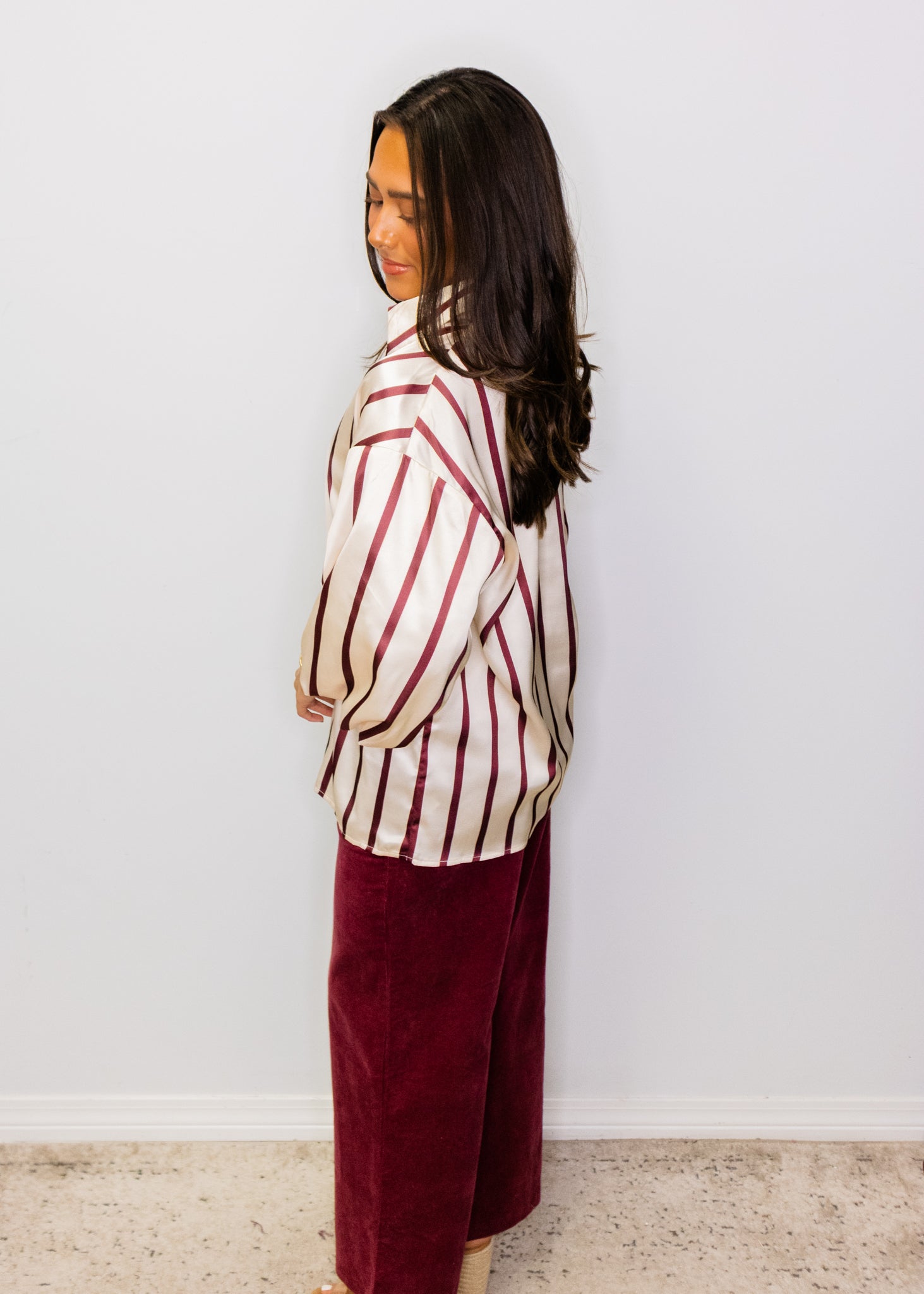 Burgundy Stripe Satin Blouse